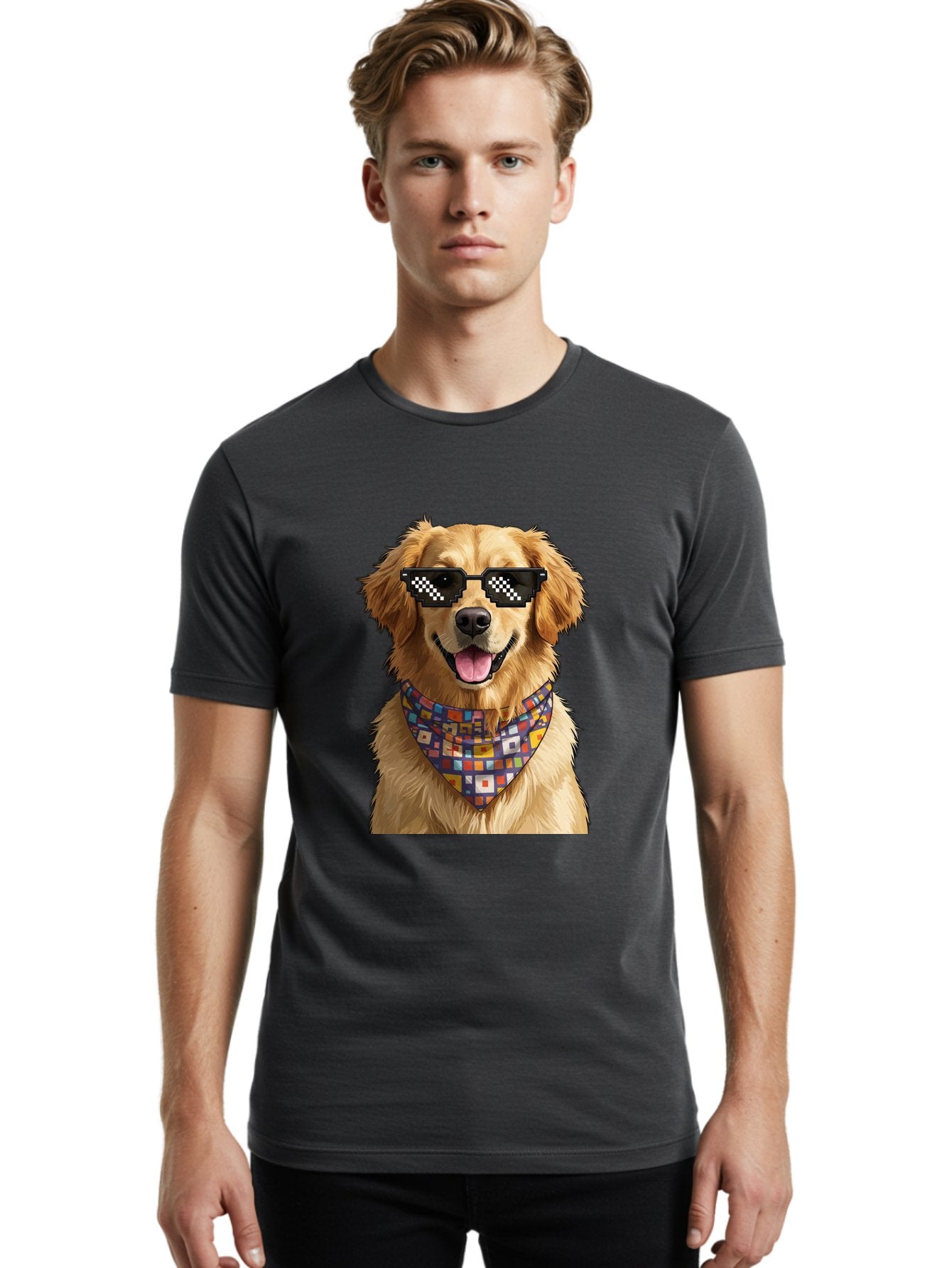 Golden-Retriever-6 Men'S Graphic Tee, 100% Cotton, Comfortable Casual Summer Wear, Machine Washable, Happy Golden Retriever, Cool Dog, Sunglasses, Checkered Pattern, Bandana, Colorful, Fun, Playful, Cute, Furry Friend, Dog Lover, Bab980 20