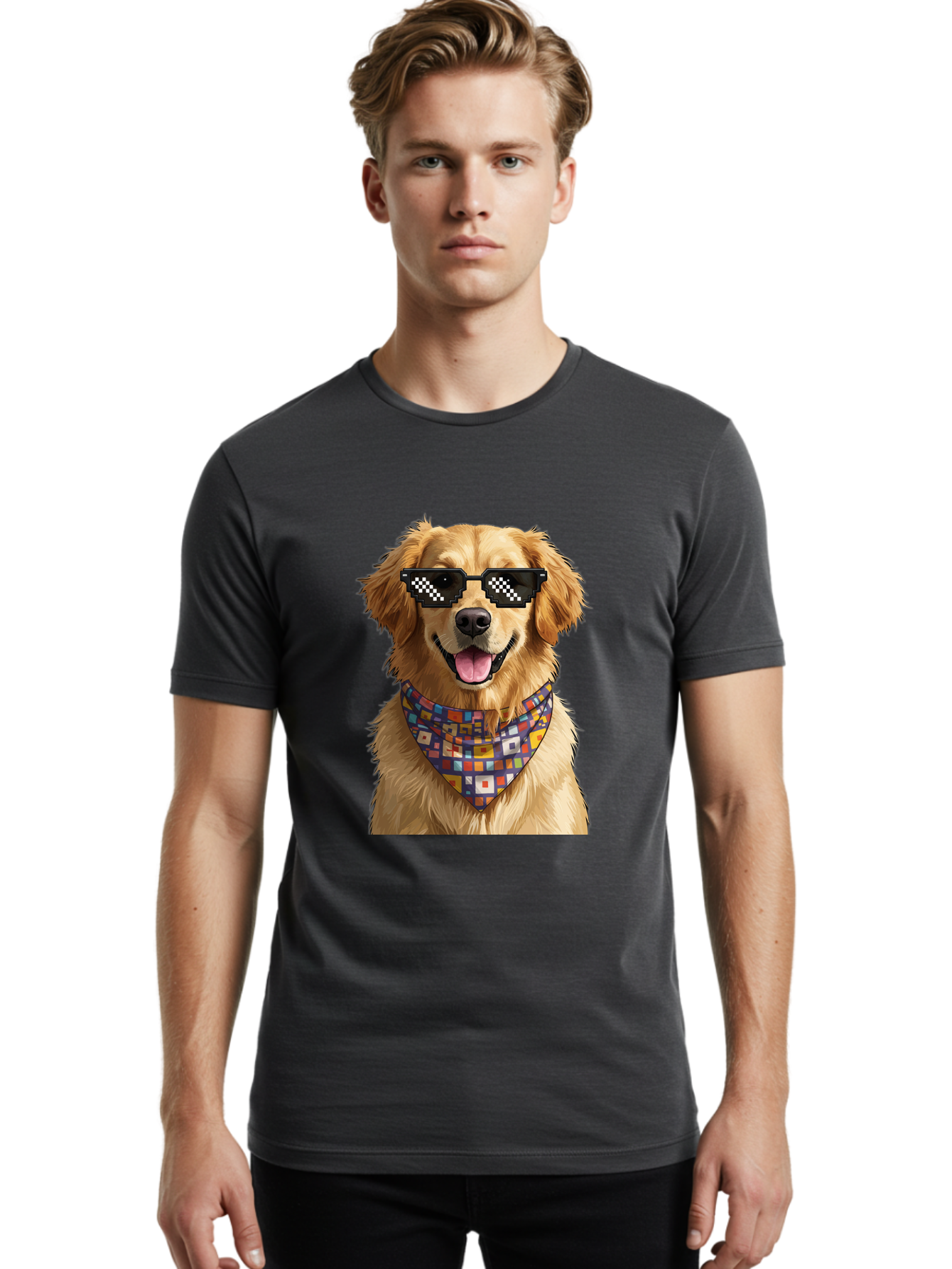 Golden-Retriever-6 Men'S Graphic Tee, 100% Cotton, Comfortable Casual Summer Wear, Machine Washable, Happy Golden Retriever, Cool Dog, Sunglasses, Checkered Pattern, Bandana, Colorful, Fun, Playful, Cute, Furry Friend, Dog Lover, Bab980 30