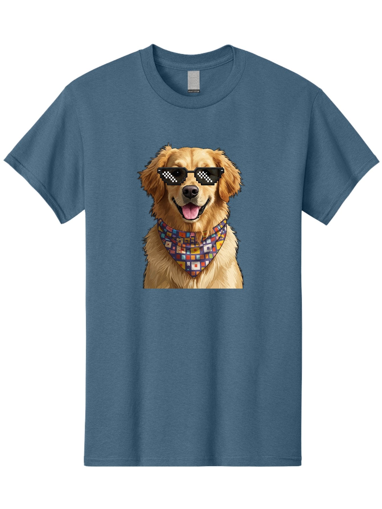 Golden-Retriever-6 Men'S Graphic Tee, 100% Cotton, Comfortable Casual Summer Wear, Machine Washable, Happy Golden Retriever, Cool Dog, Sunglasses, Checkered Pattern, Bandana, Colorful, Fun, Playful, Cute, Furry Friend, Dog Lover, Bab980