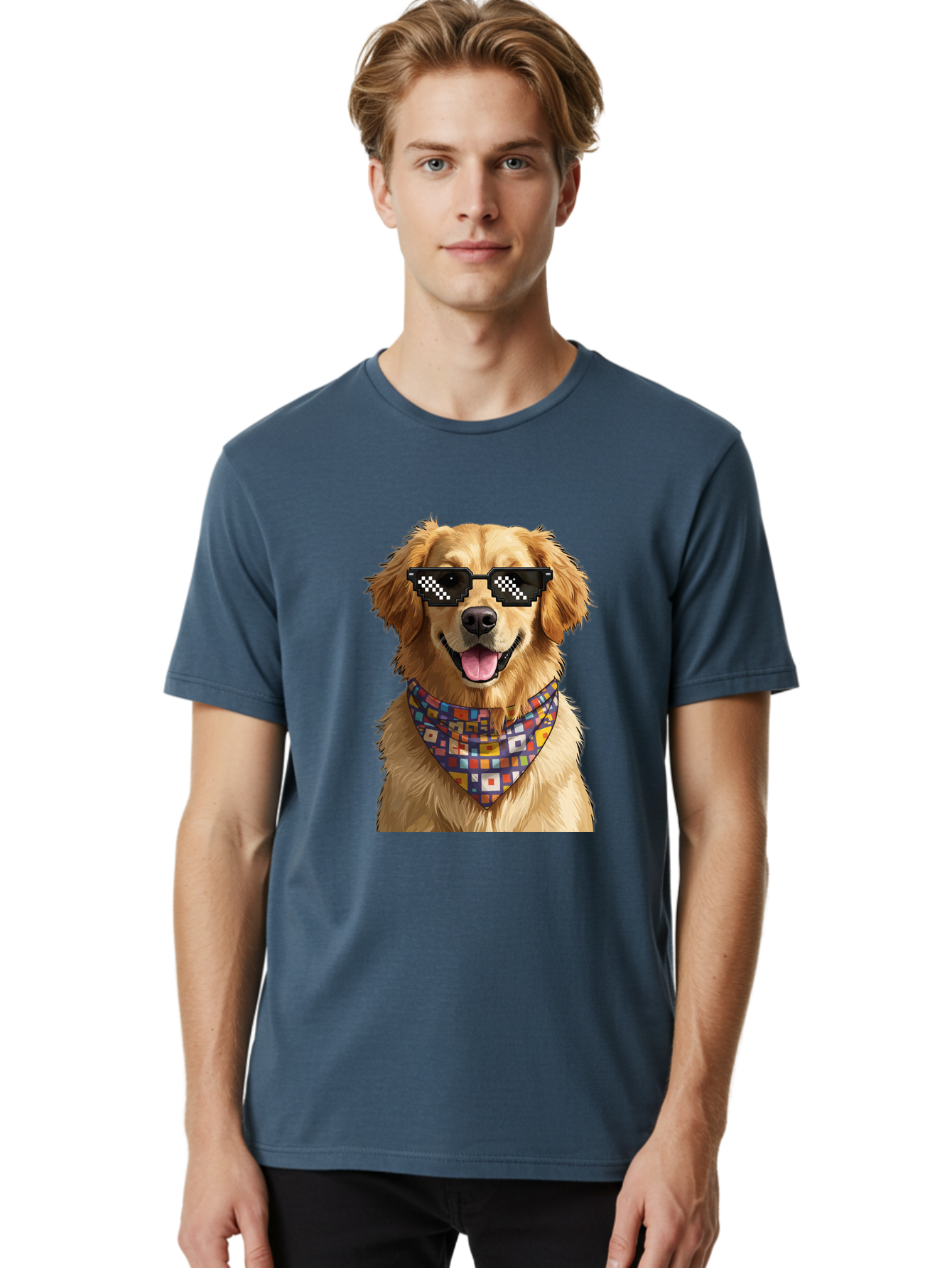 Golden-Retriever-6 Men'S Graphic Tee, 100% Cotton, Comfortable Casual Summer Wear, Machine Washable, Happy Golden Retriever, Cool Dog, Sunglasses, Checkered Pattern, Bandana, Colorful, Fun, Playful, Cute, Furry Friend, Dog Lover, Bab980 26