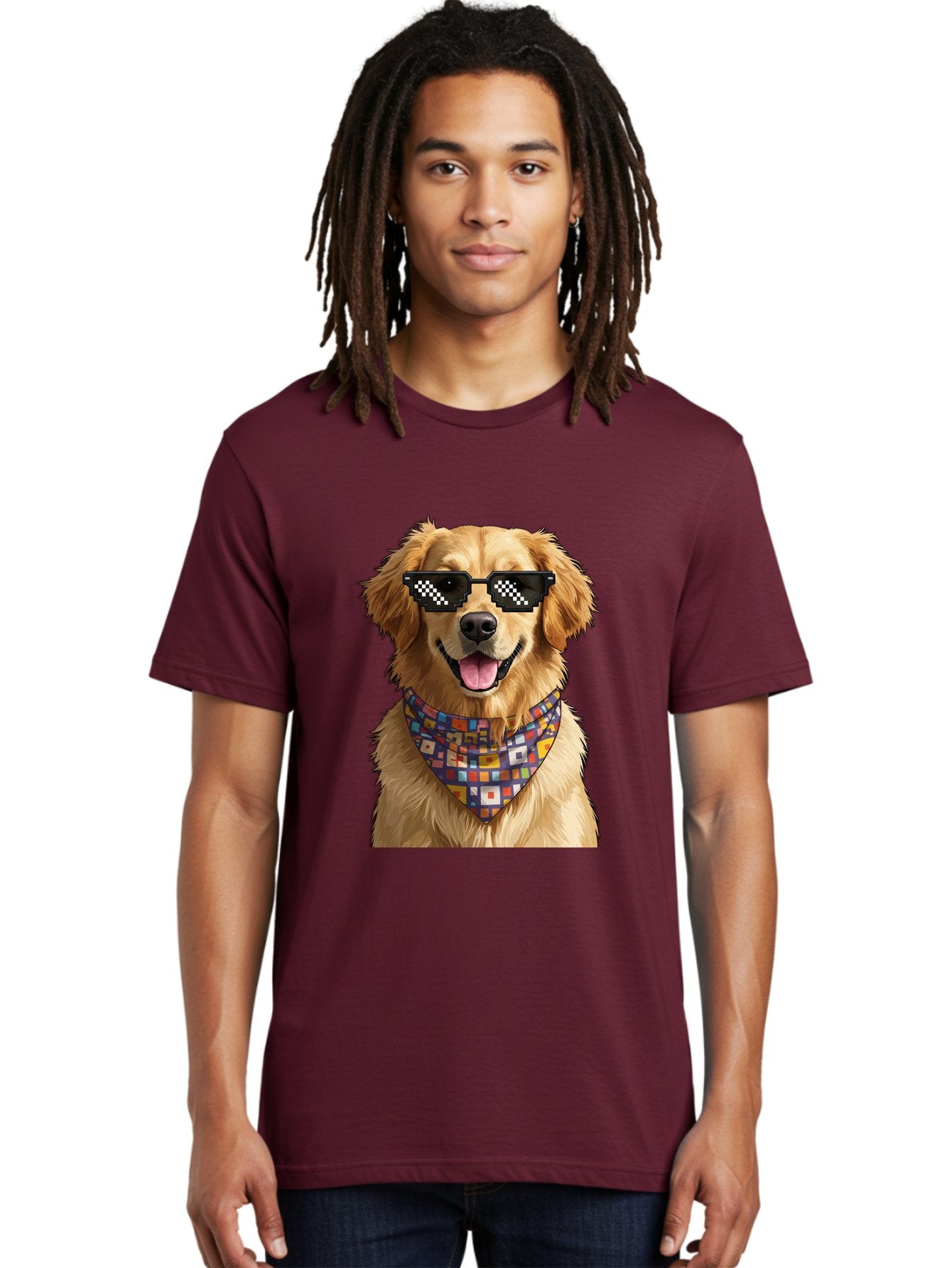 Golden-Retriever-6 Men'S Graphic Tee, 100% Cotton, Comfortable Casual Summer Wear, Machine Washable, Happy Golden Retriever, Cool Dog, Sunglasses, Checkered Pattern, Bandana, Colorful, Fun, Playful, Cute, Furry Friend, Dog Lover, Bab980 27