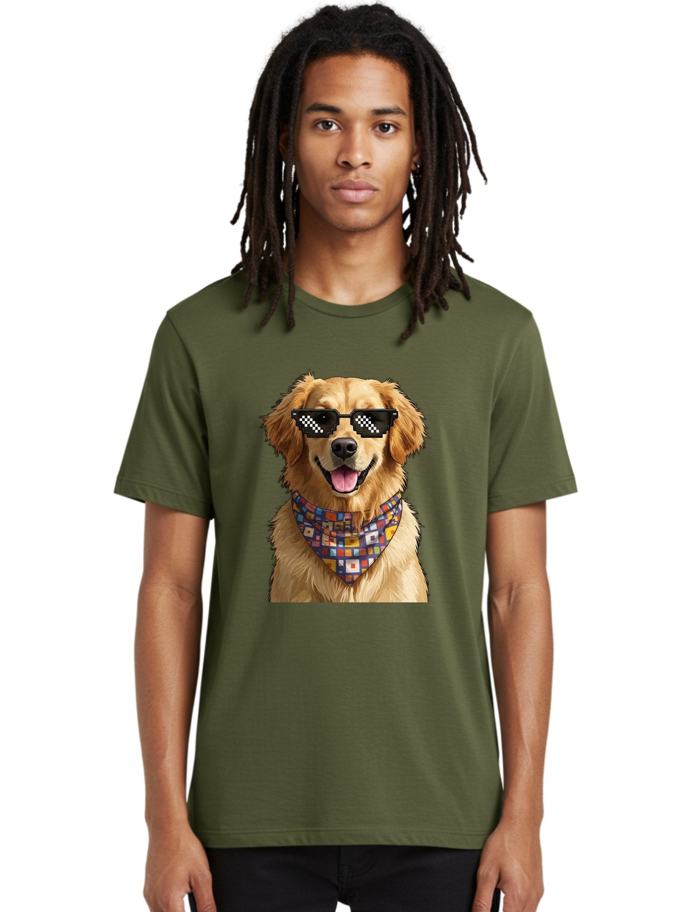 Golden-Retriever-6 Men'S Graphic Tee, 100% Cotton, Comfortable Casual Summer Wear, Machine Washable, Happy Golden Retriever, Cool Dog, Sunglasses, Checkered Pattern, Bandana, Colorful, Fun, Playful, Cute, Furry Friend, Dog Lover, Bab980 23