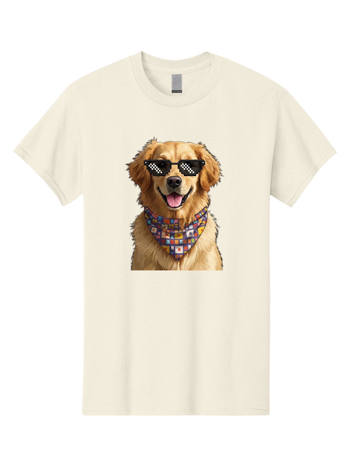 Golden-Retriever-6 Men'S Graphic Tee, 100% Cotton, Comfortable Casual Summer Wear, Machine Washable, Happy Golden Retriever, Cool Dog, Sunglasses, Checkered Pattern, Bandana, Colorful, Fun, Playful, Cute, Furry Friend, Dog Lover, Bab980