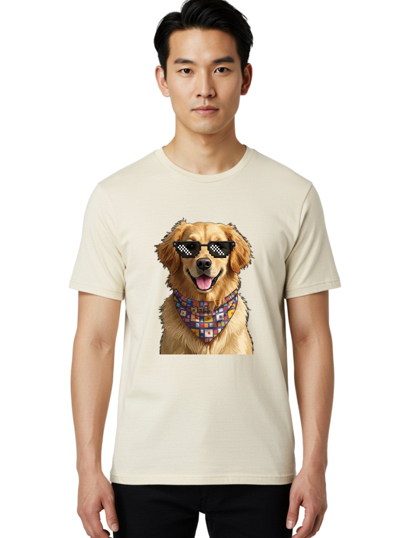 Golden-Retriever-6 Men'S Graphic Tee, 100% Cotton, Comfortable Casual Summer Wear, Machine Washable, Happy Golden Retriever, Cool Dog, Sunglasses, Checkered Pattern, Bandana, Colorful, Fun, Playful, Cute, Furry Friend, Dog Lover, Bab980 29