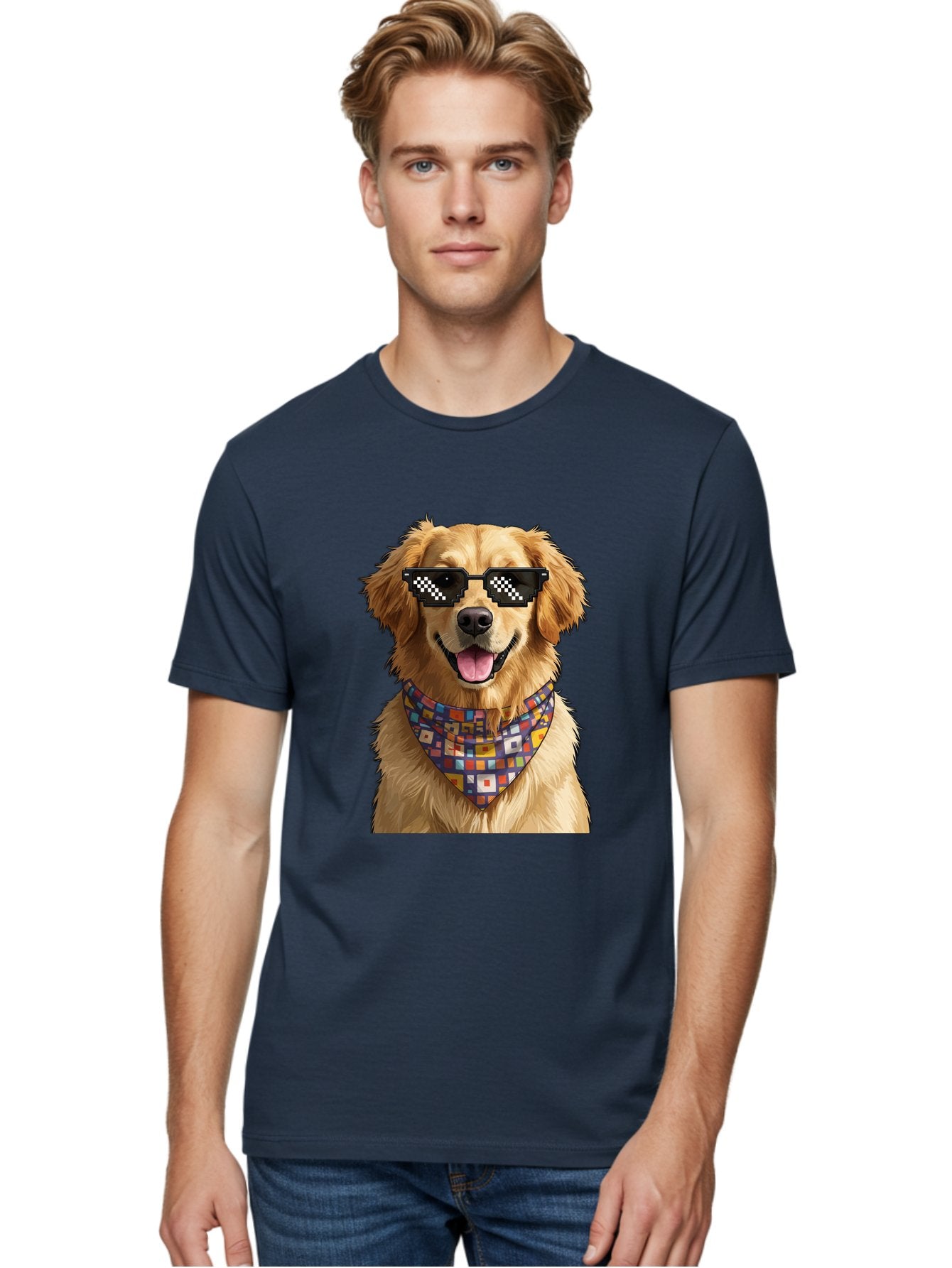 Golden-Retriever-6 Men'S Graphic Tee, 100% Cotton, Comfortable Casual Summer Wear, Machine Washable, Happy Golden Retriever, Cool Dog, Sunglasses, Checkered Pattern, Bandana, Colorful, Fun, Playful, Cute, Furry Friend, Dog Lover, Bab980 24