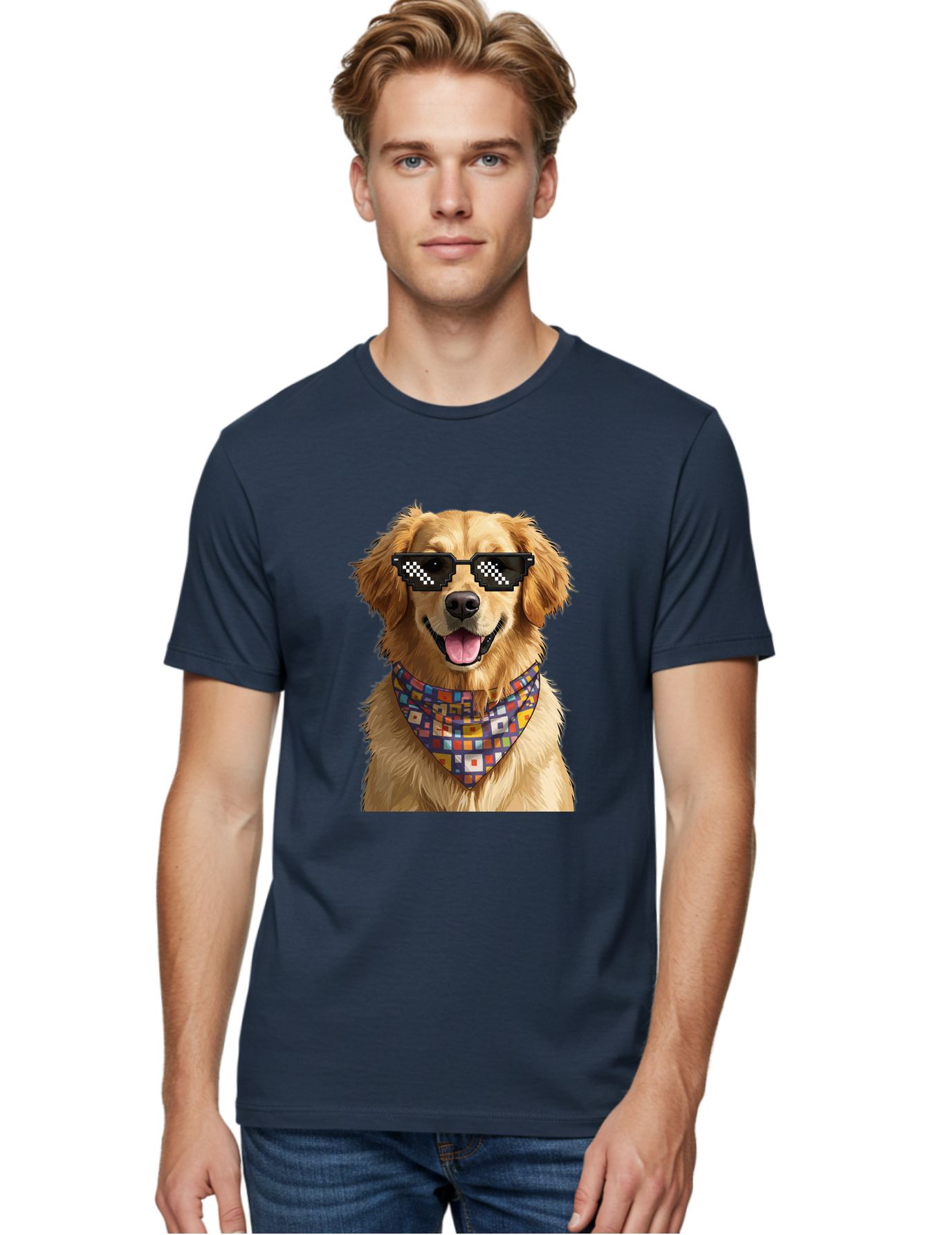 Golden-Retriever-6 Men'S Graphic Tee, 100% Cotton, Comfortable Casual Summer Wear, Machine Washable, Happy Golden Retriever, Cool Dog, Sunglasses, Checkered Pattern, Bandana, Colorful, Fun, Playful, Cute, Furry Friend, Dog Lover, Bab980 22