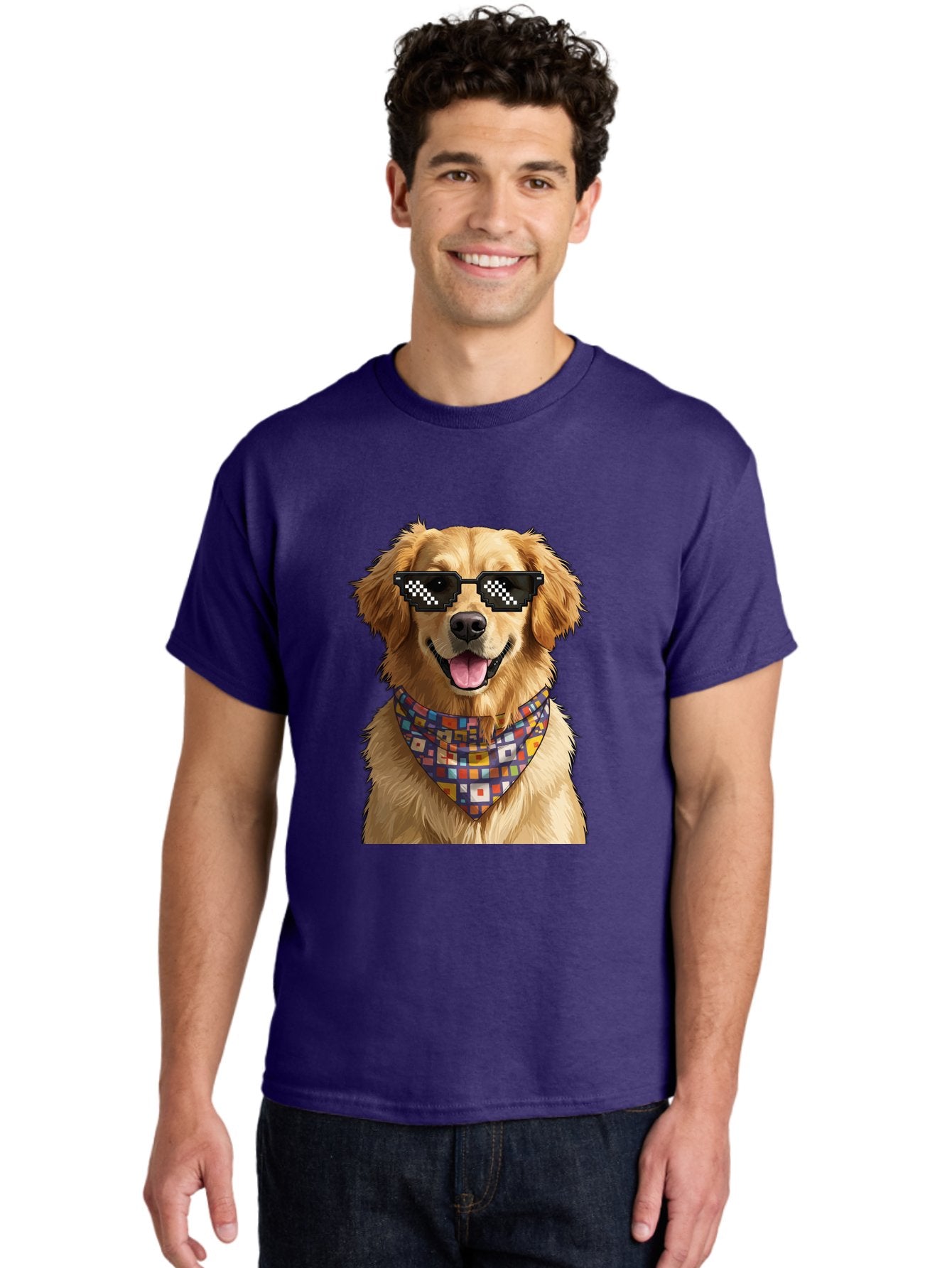 Golden-Retriever-6 Men'S Graphic Tee, 100% Cotton, Comfortable Casual Summer Wear, Machine Washable, Happy Golden Retriever, Cool Dog, Sunglasses, Checkered Pattern, Bandana, Colorful, Fun, Playful, Cute, Furry Friend, Dog Lover, Bab980 25