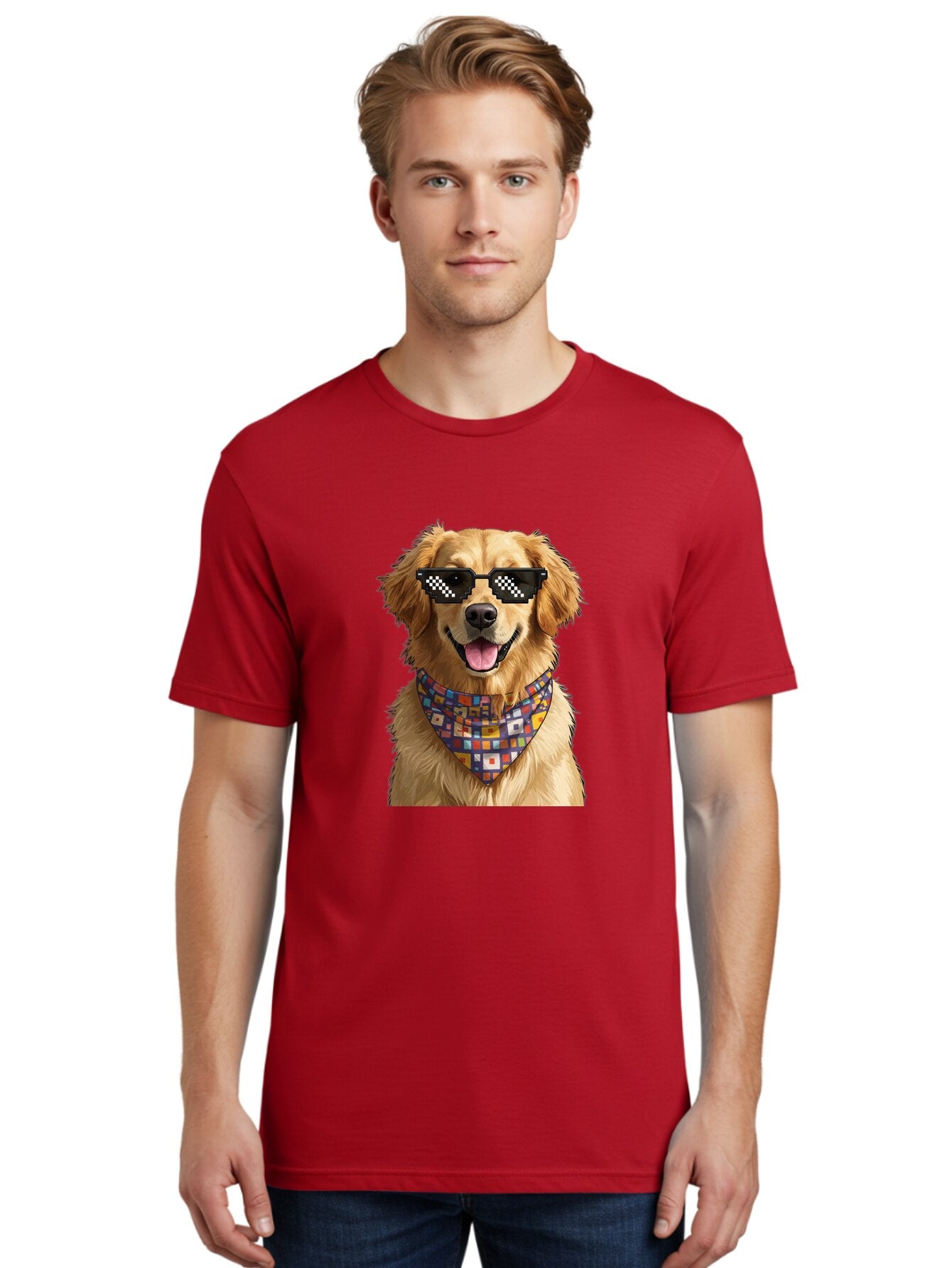 Golden-Retriever-6 Men'S Graphic Tee, 100% Cotton, Comfortable Casual Summer Wear, Machine Washable, Happy Golden Retriever, Cool Dog, Sunglasses, Checkered Pattern, Bandana, Colorful, Fun, Playful, Cute, Furry Friend, Dog Lover, Bab980 26