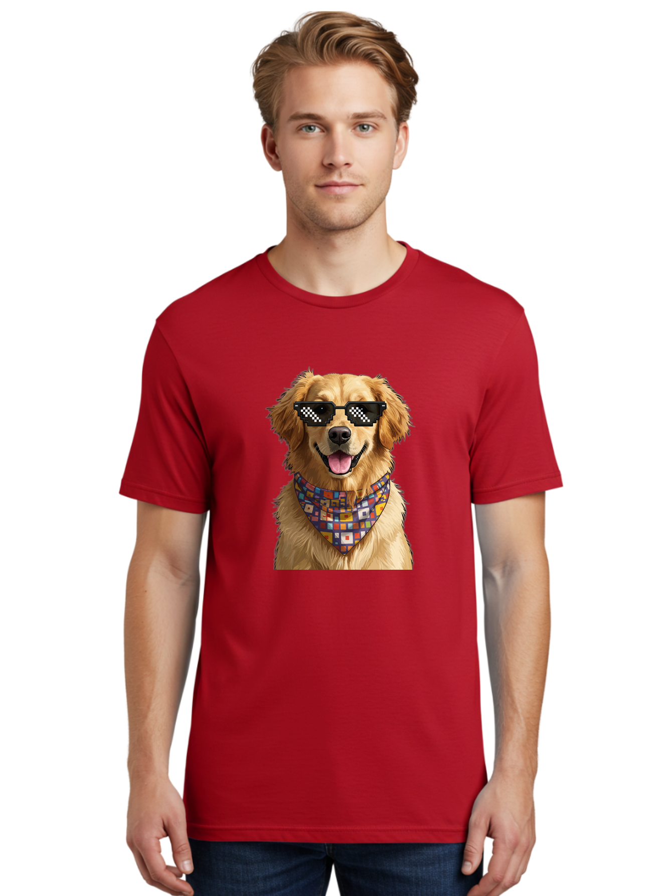 Golden-Retriever-6 Men'S Graphic Tee, 100% Cotton, Comfortable Casual Summer Wear, Machine Washable, Happy Golden Retriever, Cool Dog, Sunglasses, Checkered Pattern, Bandana, Colorful, Fun, Playful, Cute, Furry Friend, Dog Lover, Bab980 20
