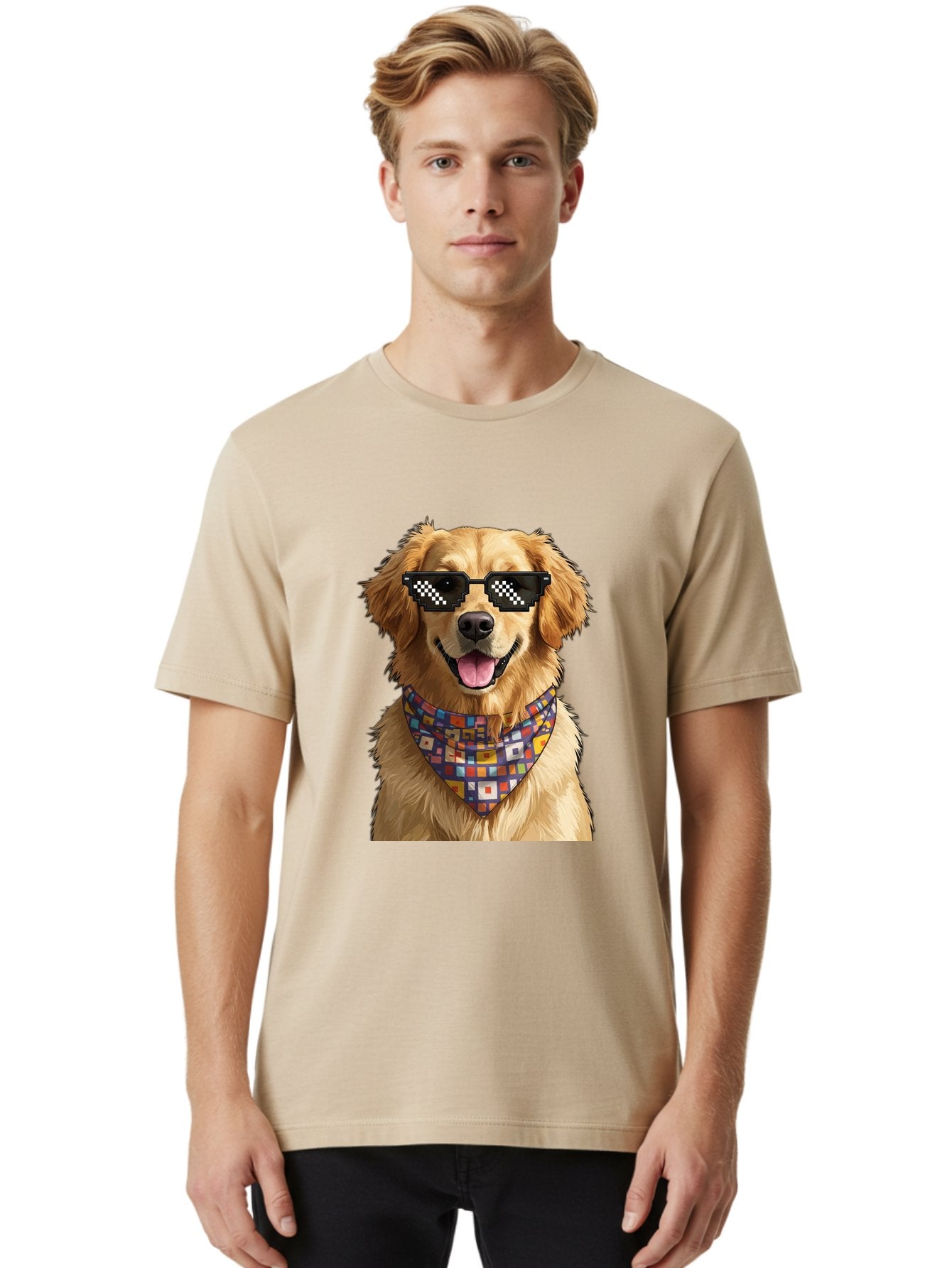 Golden-Retriever-6 Men'S Graphic Tee, 100% Cotton, Comfortable Casual Summer Wear, Machine Washable, Happy Golden Retriever, Cool Dog, Sunglasses, Checkered Pattern, Bandana, Colorful, Fun, Playful, Cute, Furry Friend, Dog Lover, Bab980 22