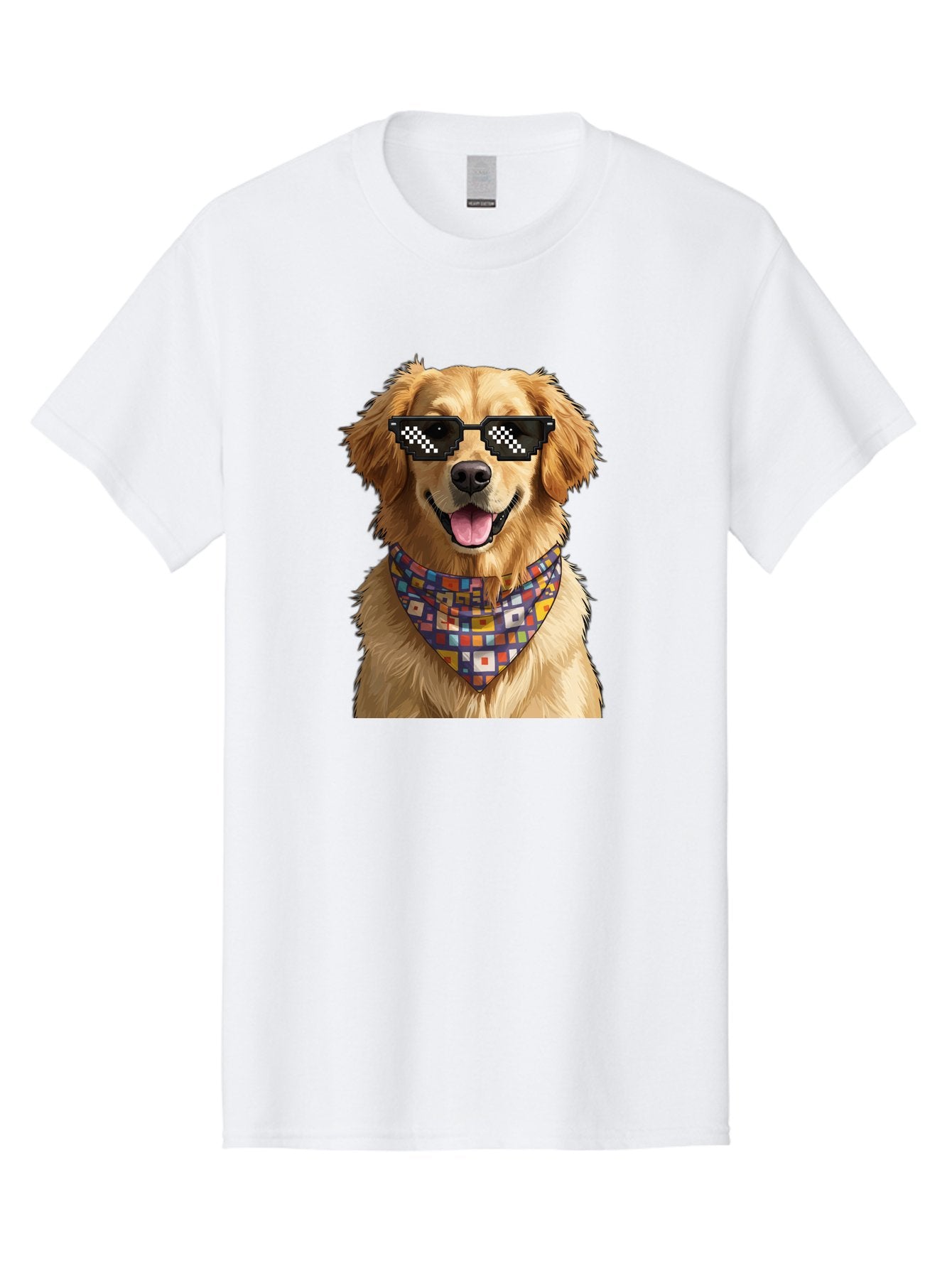 Golden-Retriever-6 Men'S Graphic Tee, 100% Cotton, Comfortable Casual Summer Wear, Machine Washable, Happy Golden Retriever, Cool Dog, Sunglasses, Checkered Pattern, Bandana, Colorful, Fun, Playful, Cute, Furry Friend, Dog Lover, Bab980