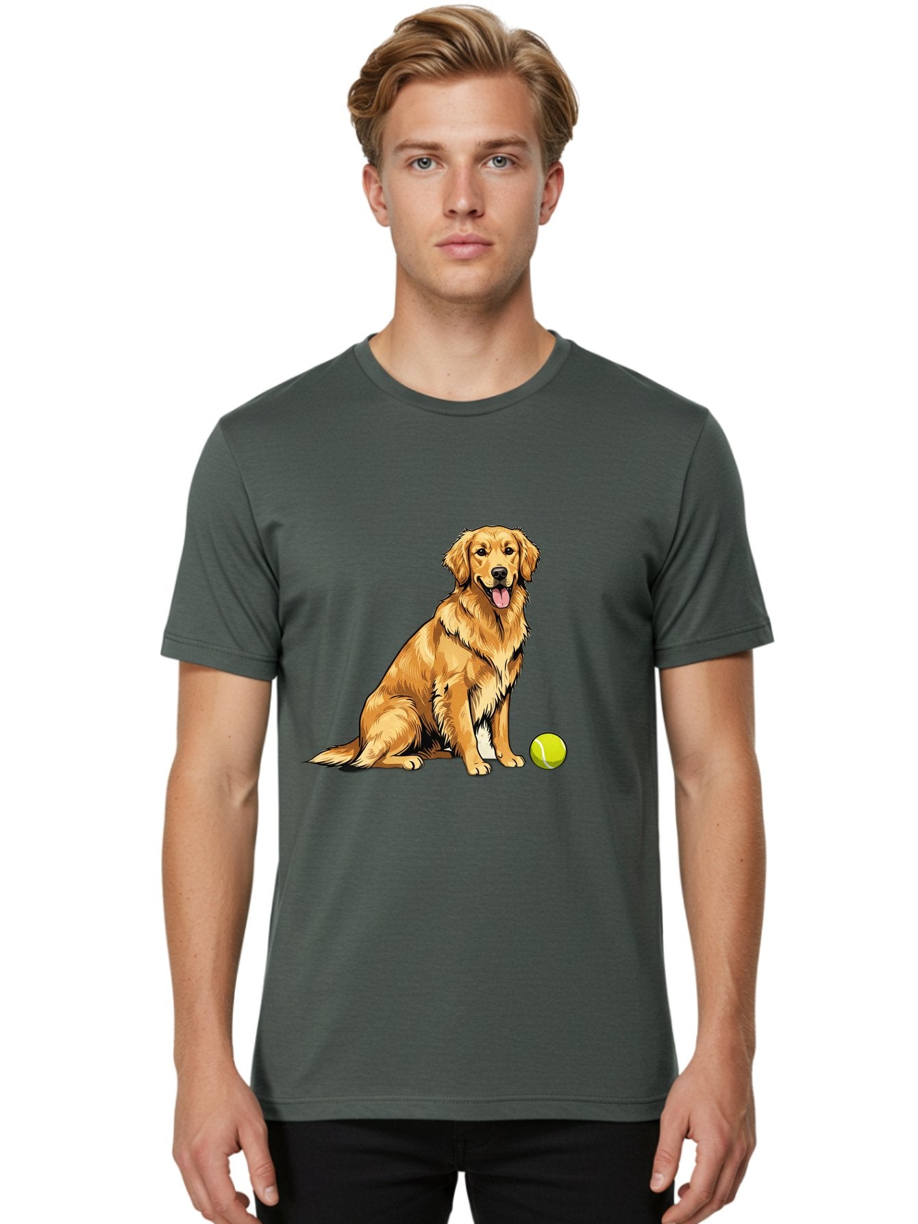 Golden-Retriever-7 Men'S Graphic Tee, 100% Cotton, Comfortable Casual Summer Wear, Machine Washable, Golden Retriever Dog, Tennis Ball, Sitting Dog, Happy Dog, Dog Sports, Canine Companion, Furry Friend, Playful Mood, Dog Illustration, Bab981 24