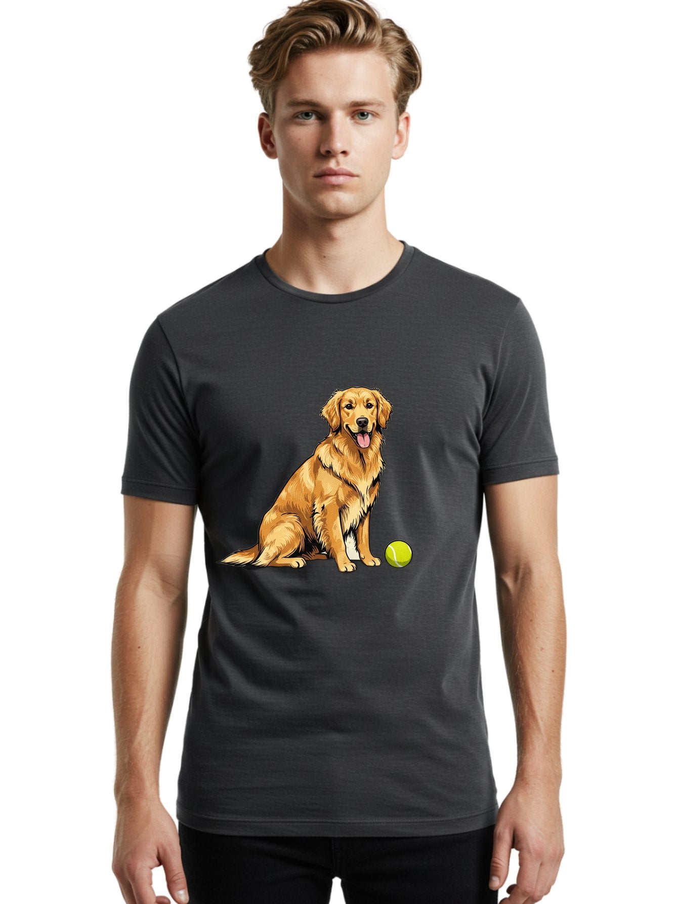 Golden-Retriever-7 Men'S Graphic Tee, 100% Cotton, Comfortable Casual Summer Wear, Machine Washable, Golden Retriever Dog, Tennis Ball, Sitting Dog, Happy Dog, Dog Sports, Canine Companion, Furry Friend, Playful Mood, Dog Illustration, Bab981 28
