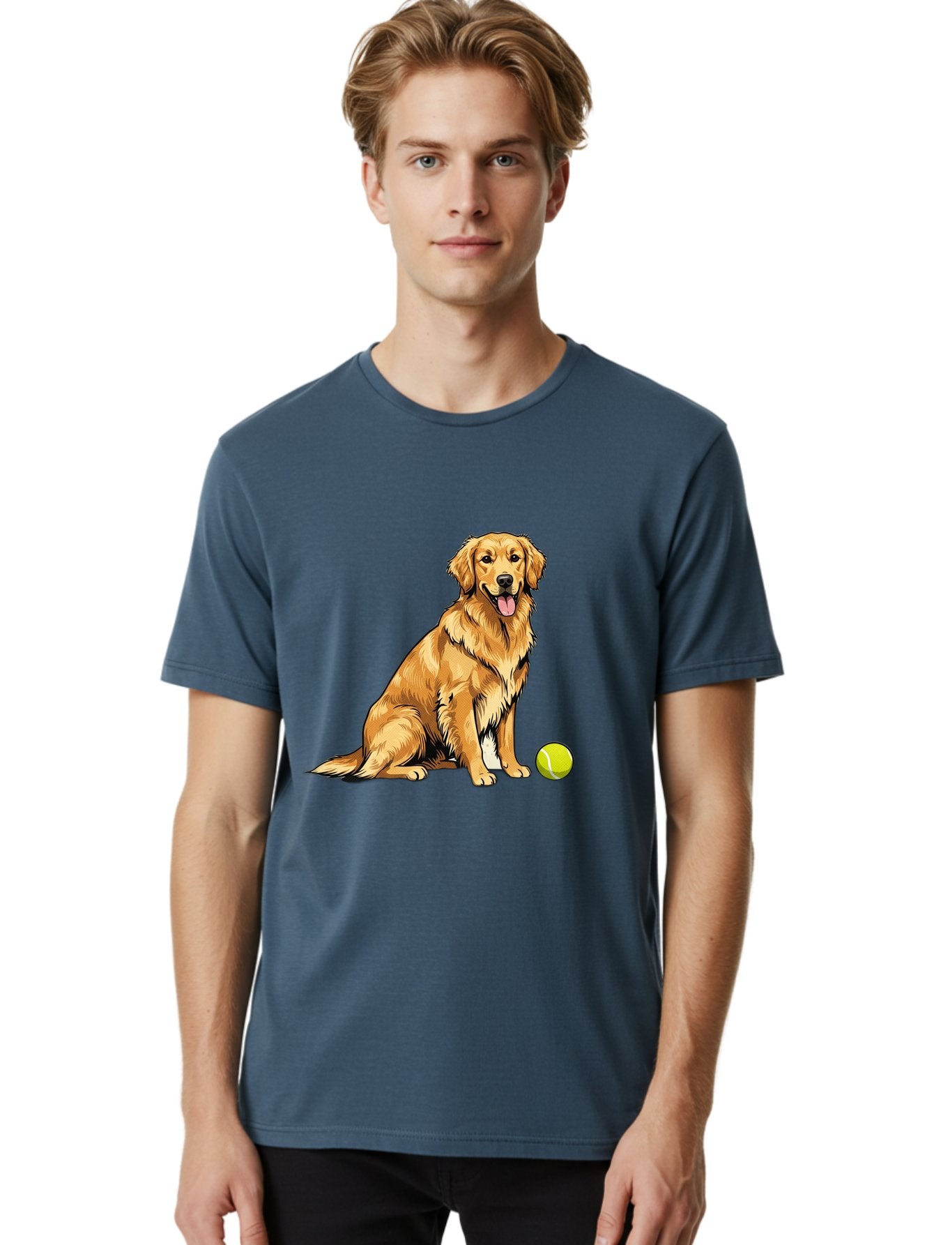 Golden-Retriever-7 Men'S Graphic Tee, 100% Cotton, Comfortable Casual Summer Wear, Machine Washable, Golden Retriever Dog, Tennis Ball, Sitting Dog, Happy Dog, Dog Sports, Canine Companion, Furry Friend, Playful Mood, Dog Illustration, Bab981 21