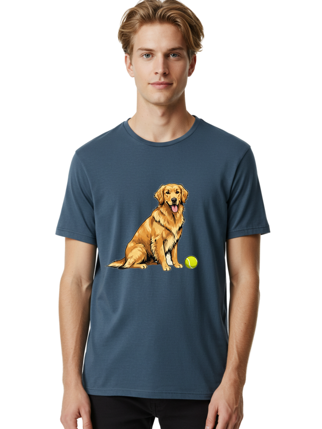 Golden-Retriever-7 Men'S Graphic Tee, 100% Cotton, Comfortable Casual Summer Wear, Machine Washable, Golden Retriever Dog, Tennis Ball, Sitting Dog, Happy Dog, Dog Sports, Canine Companion, Furry Friend, Playful Mood, Dog Illustration, Bab981 25