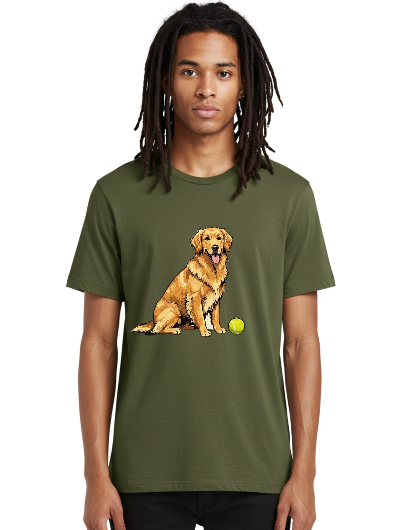 Golden-Retriever-7 Men'S Graphic Tee, 100% Cotton, Comfortable Casual Summer Wear, Machine Washable, Golden Retriever Dog, Tennis Ball, Sitting Dog, Happy Dog, Dog Sports, Canine Companion, Furry Friend, Playful Mood, Dog Illustration, Bab981 25