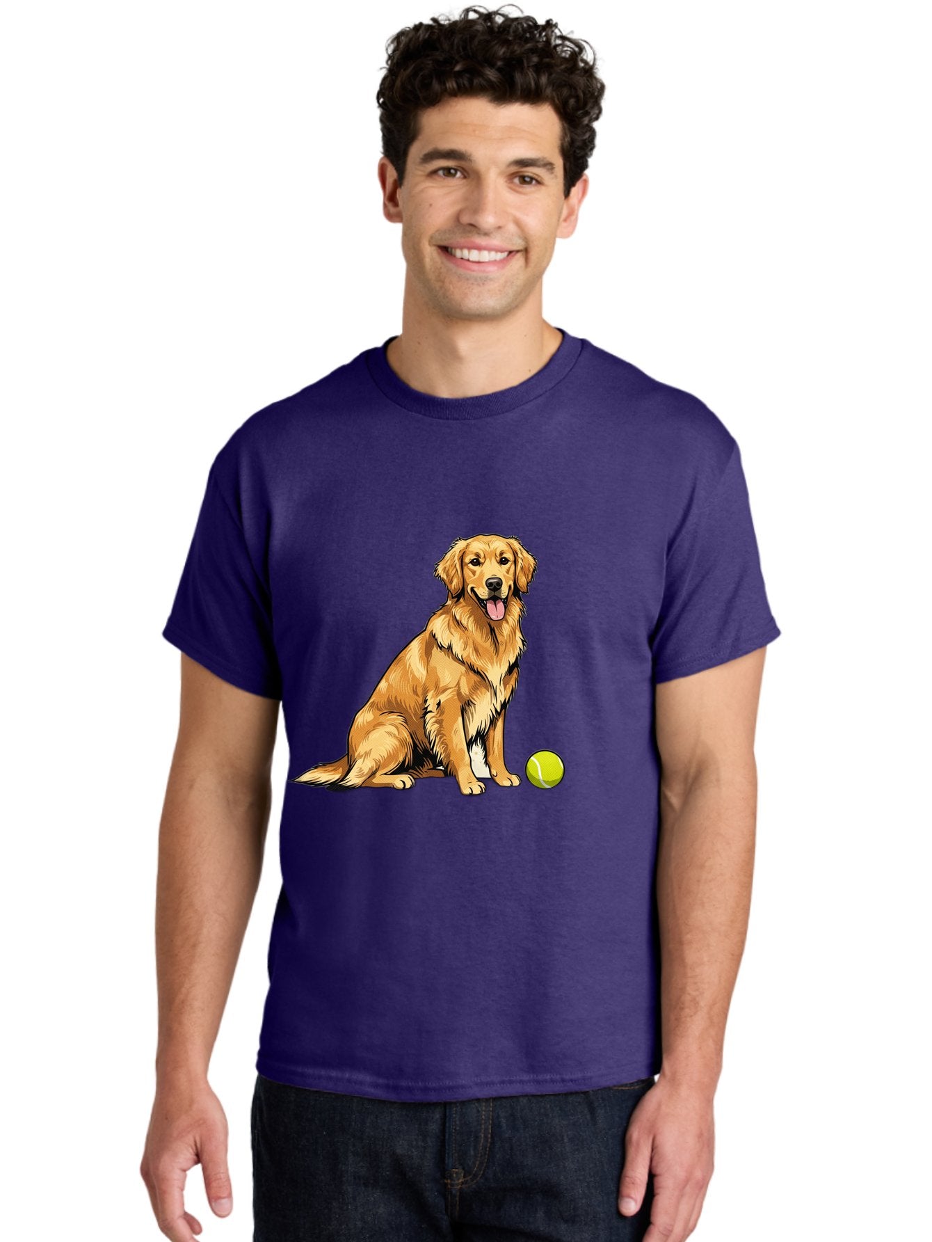 Golden-Retriever-7 Men'S Graphic Tee, 100% Cotton, Comfortable Casual Summer Wear, Machine Washable, Golden Retriever Dog, Tennis Ball, Sitting Dog, Happy Dog, Dog Sports, Canine Companion, Furry Friend, Playful Mood, Dog Illustration, Bab981 17