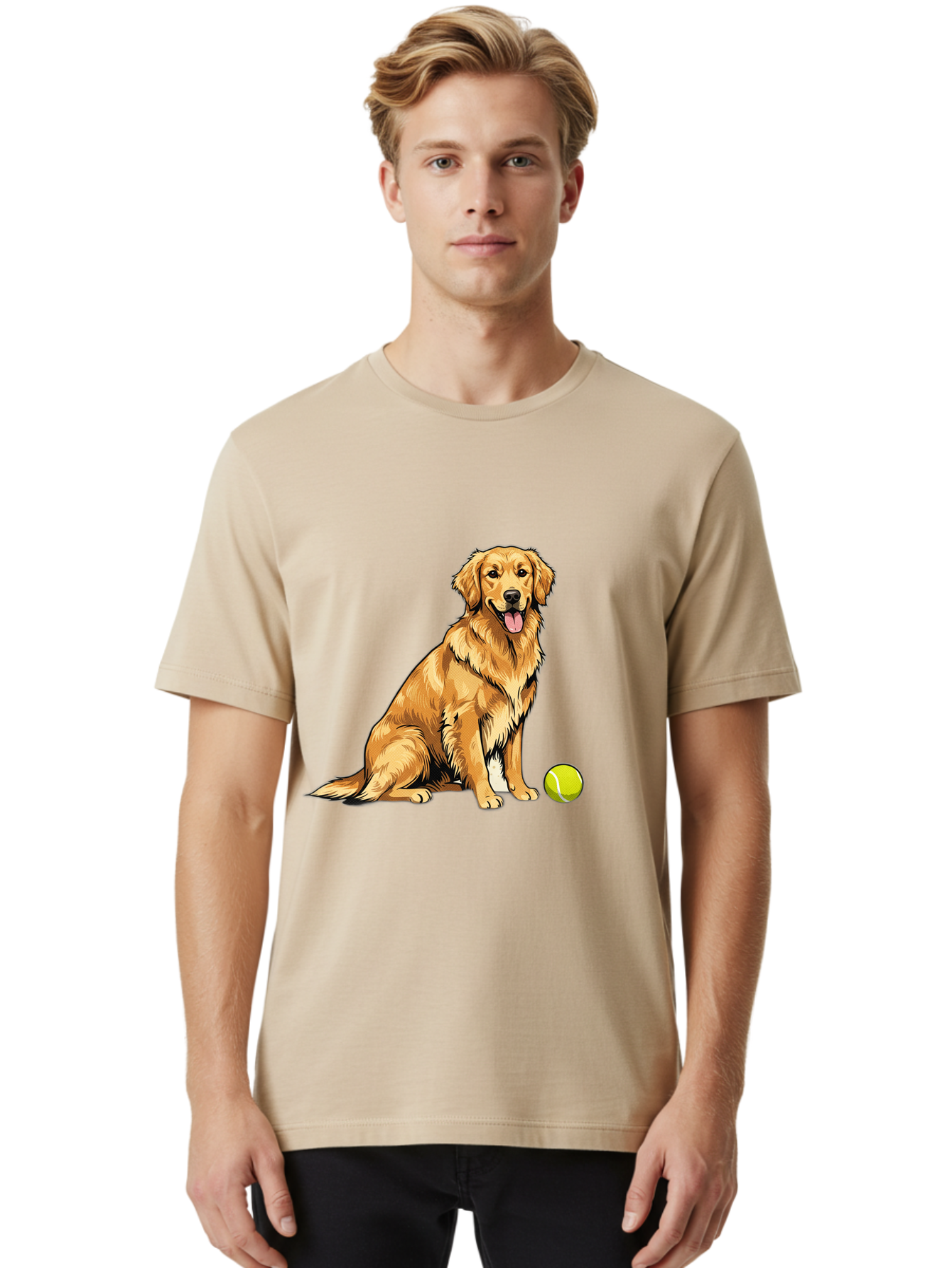 Golden-Retriever-7 Men'S Graphic Tee, 100% Cotton, Comfortable Casual Summer Wear, Machine Washable, Golden Retriever Dog, Tennis Ball, Sitting Dog, Happy Dog, Dog Sports, Canine Companion, Furry Friend, Playful Mood, Dog Illustration, Bab981 30