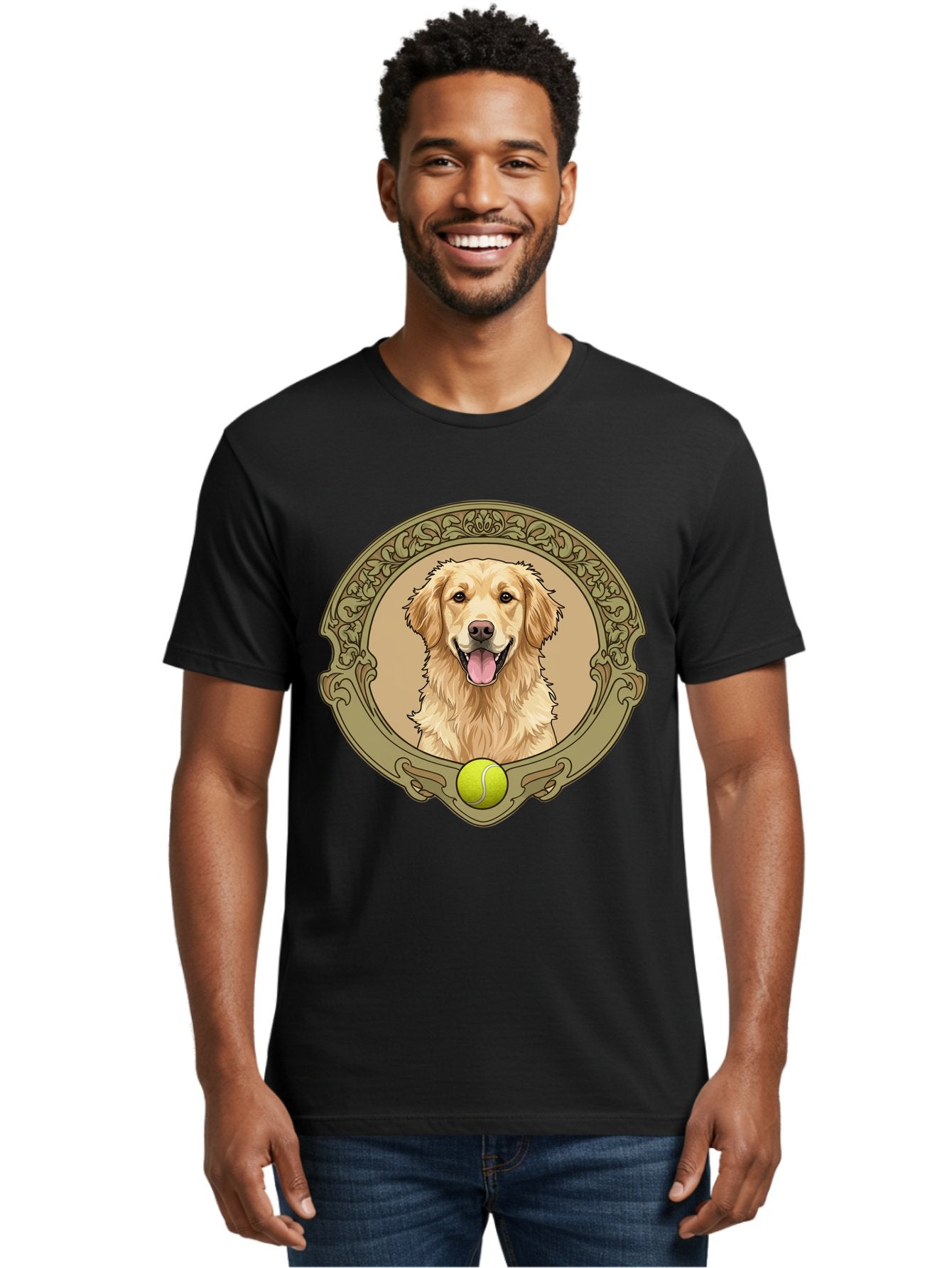 Golden-Retriever-8 Men'S Graphic Tee, 100% Cotton, Comfortable Casual Summer Wear, Machine Washable, Golden Retriever Head, Happy Dog, Tennis Ball, Ornate Frame, Vintage Style, Playful Pet, Dog Illustration, Retriever Breed, Tennis Ball Theme, Bab982 18