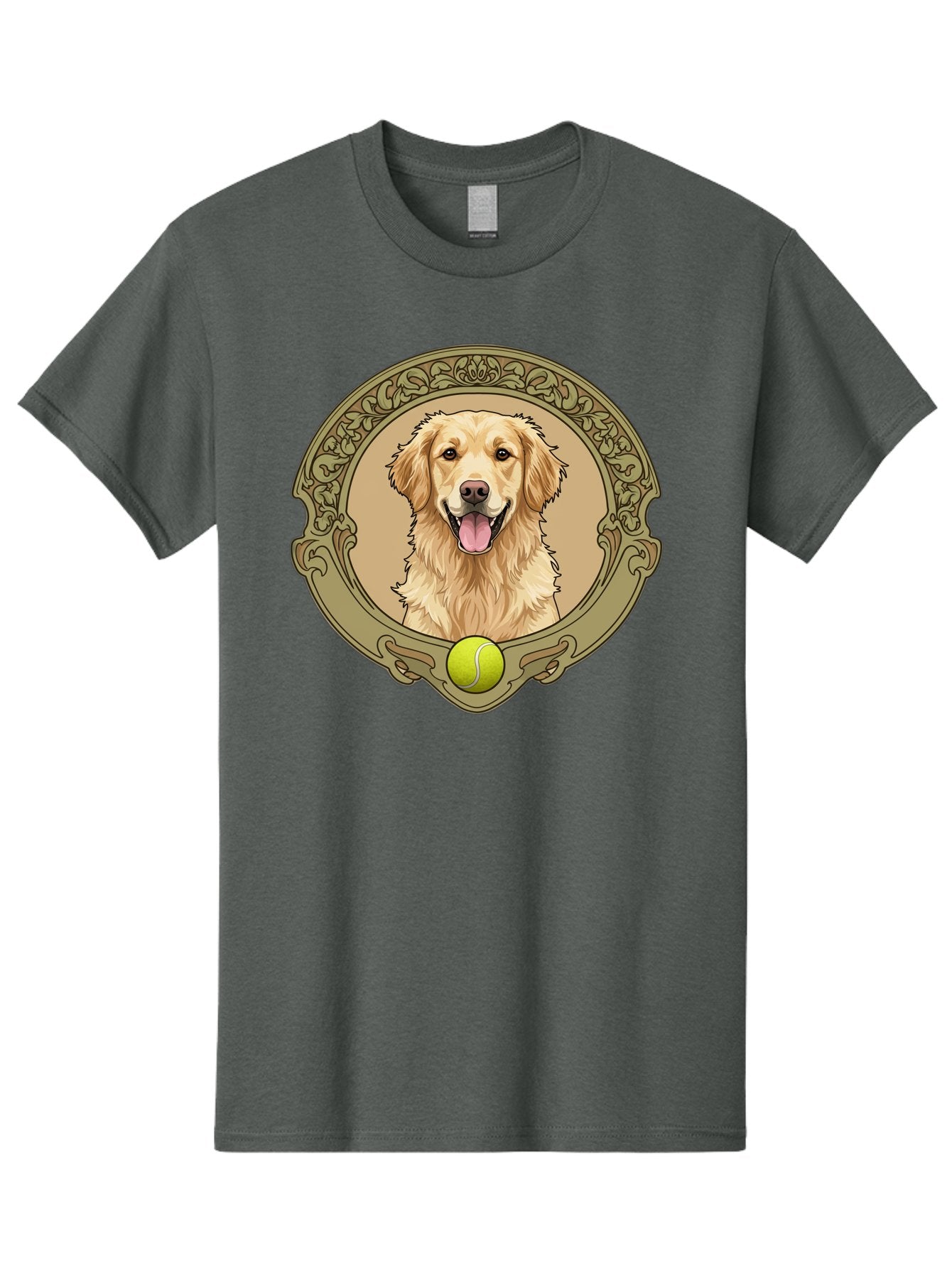 Golden-Retriever-8 Men'S Graphic Tee, 100% Cotton, Comfortable Casual Summer Wear, Machine Washable, Golden Retriever Head, Happy Dog, Tennis Ball, Ornate Frame, Vintage Style, Playful Pet, Dog Illustration, Retriever Breed, Tennis Ball Theme, Bab982