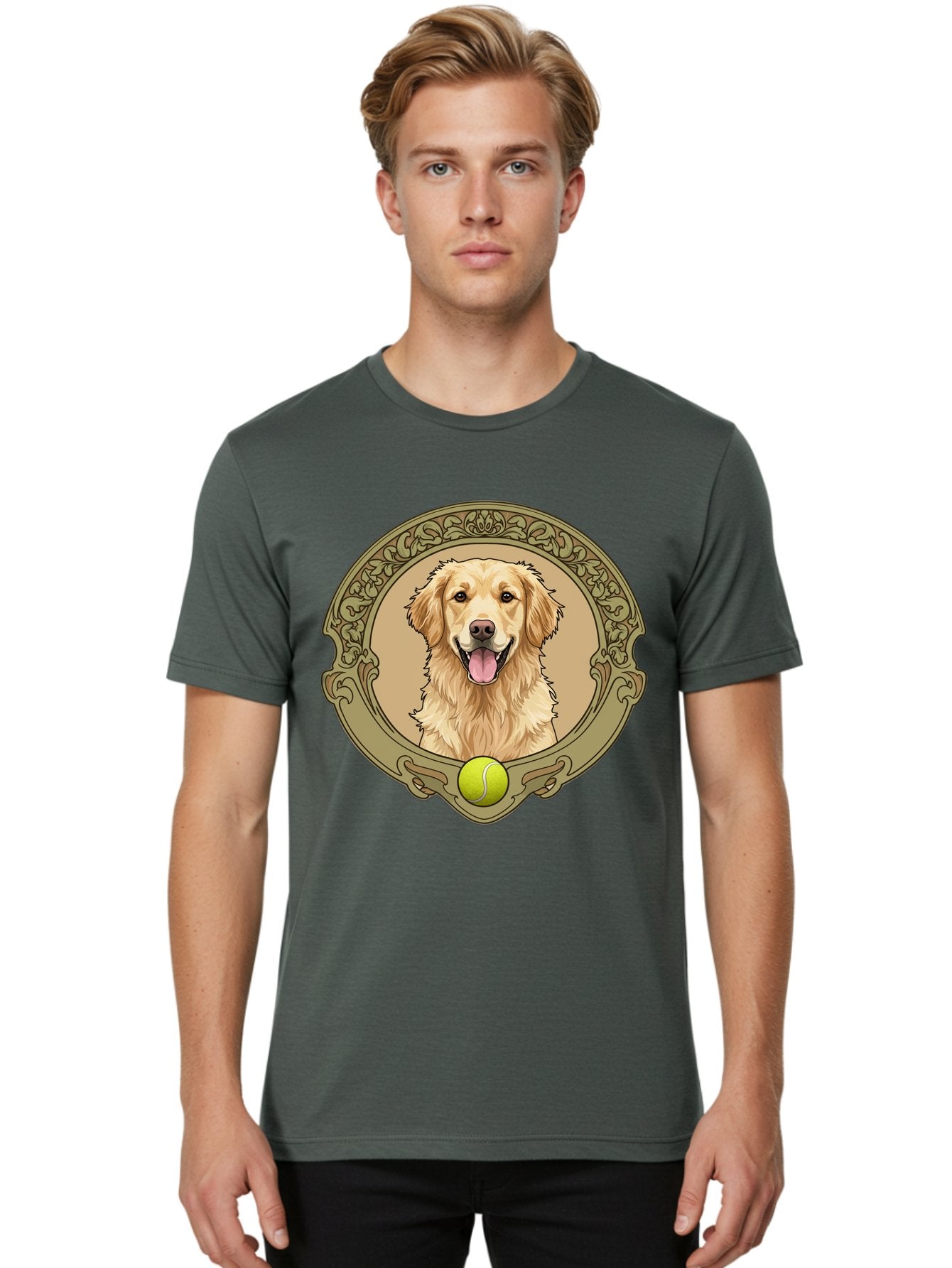 Golden-Retriever-8 Men'S Graphic Tee, 100% Cotton, Comfortable Casual Summer Wear, Machine Washable, Golden Retriever Head, Happy Dog, Tennis Ball, Ornate Frame, Vintage Style, Playful Pet, Dog Illustration, Retriever Breed, Tennis Ball Theme, Bab982 21