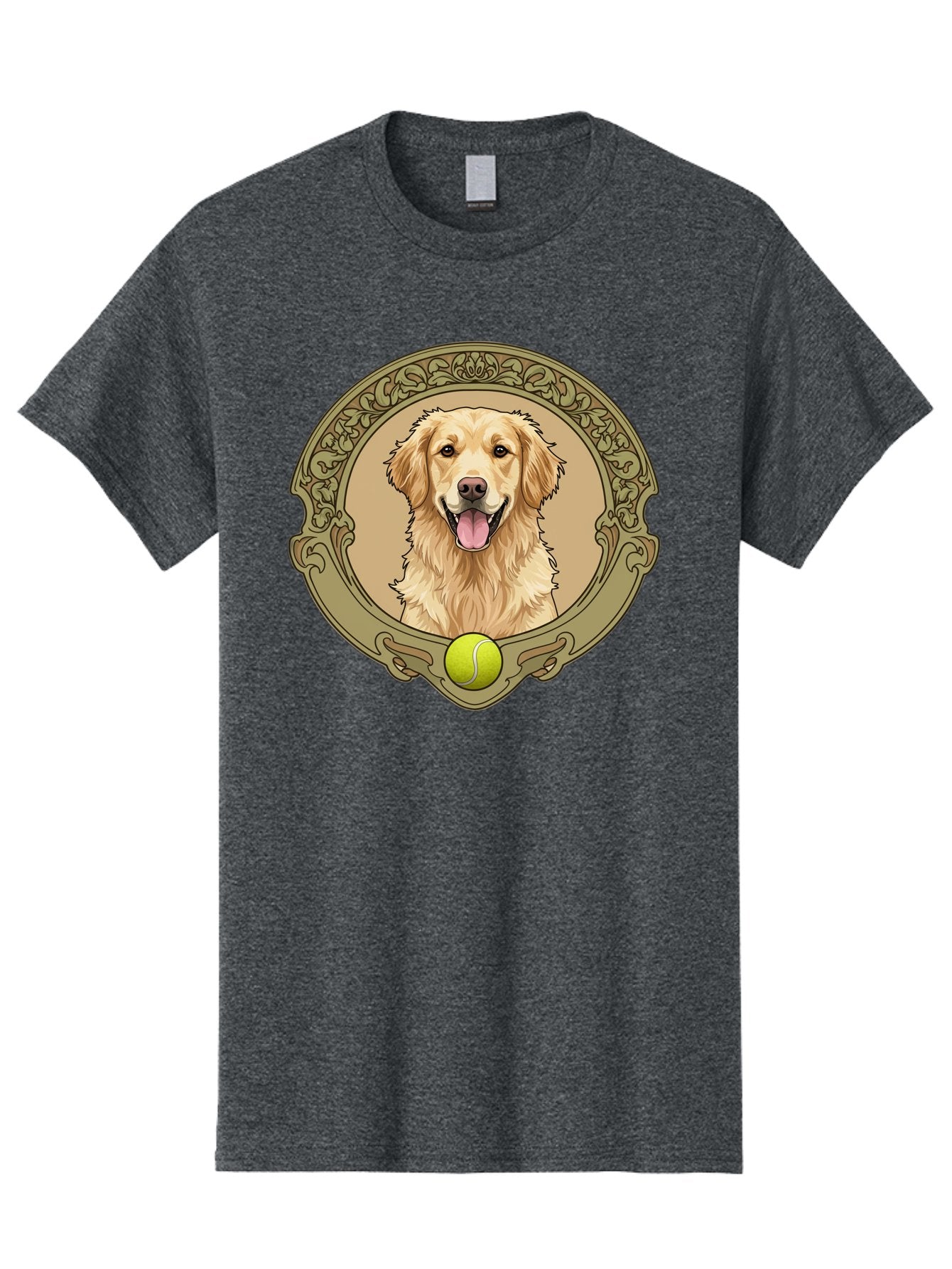 Golden-Retriever-8 Men'S Graphic Tee, 100% Cotton, Comfortable Casual Summer Wear, Machine Washable, Golden Retriever Head, Happy Dog, Tennis Ball, Ornate Frame, Vintage Style, Playful Pet, Dog Illustration, Retriever Breed, Tennis Ball Theme, Bab982 5