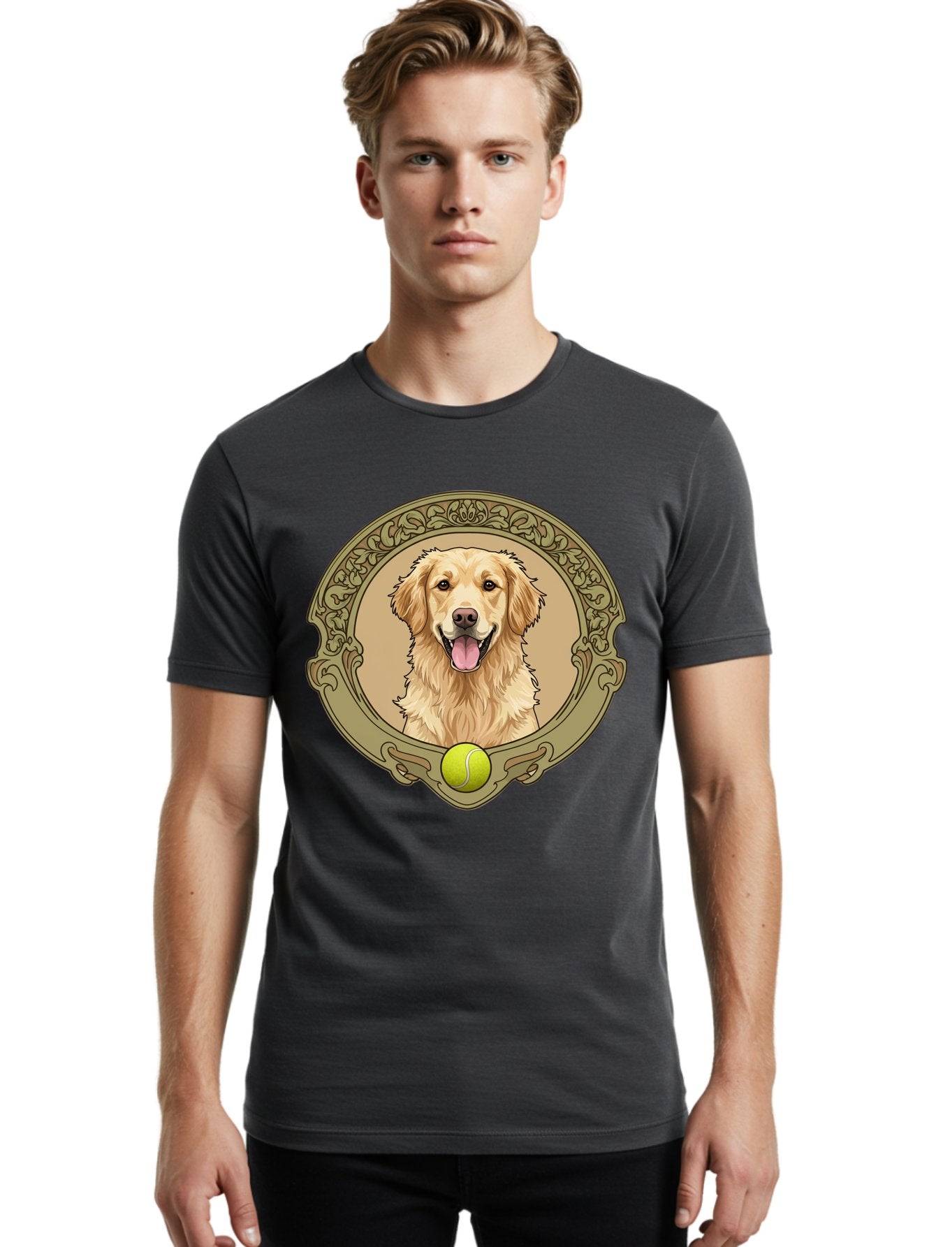 Golden-Retriever-8 Men'S Graphic Tee, 100% Cotton, Comfortable Casual Summer Wear, Machine Washable, Golden Retriever Head, Happy Dog, Tennis Ball, Ornate Frame, Vintage Style, Playful Pet, Dog Illustration, Retriever Breed, Tennis Ball Theme, Bab982 23