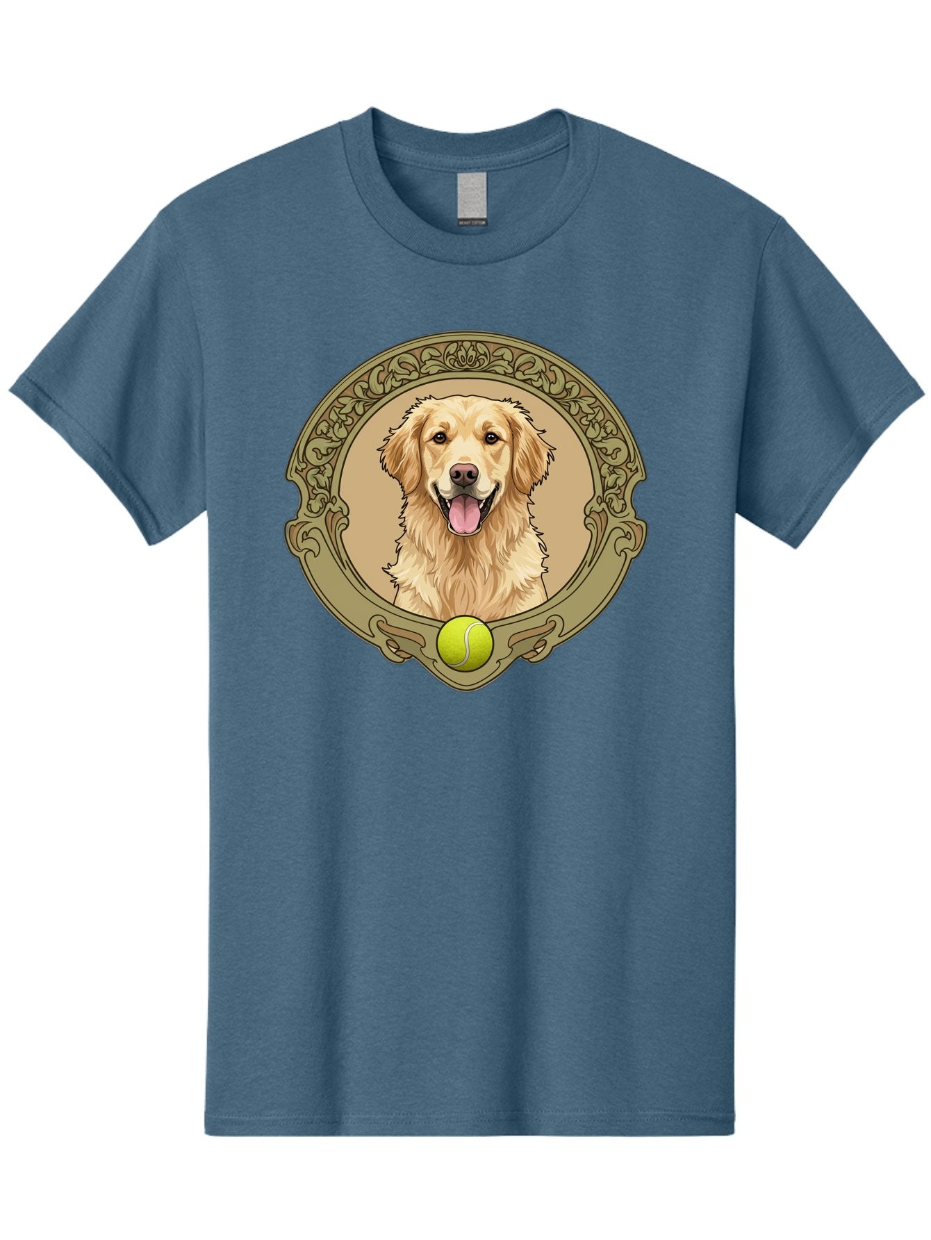 Golden-Retriever-8 Men'S Graphic Tee, 100% Cotton, Comfortable Casual Summer Wear, Machine Washable, Golden Retriever Head, Happy Dog, Tennis Ball, Ornate Frame, Vintage Style, Playful Pet, Dog Illustration, Retriever Breed, Tennis Ball Theme, Bab982 8