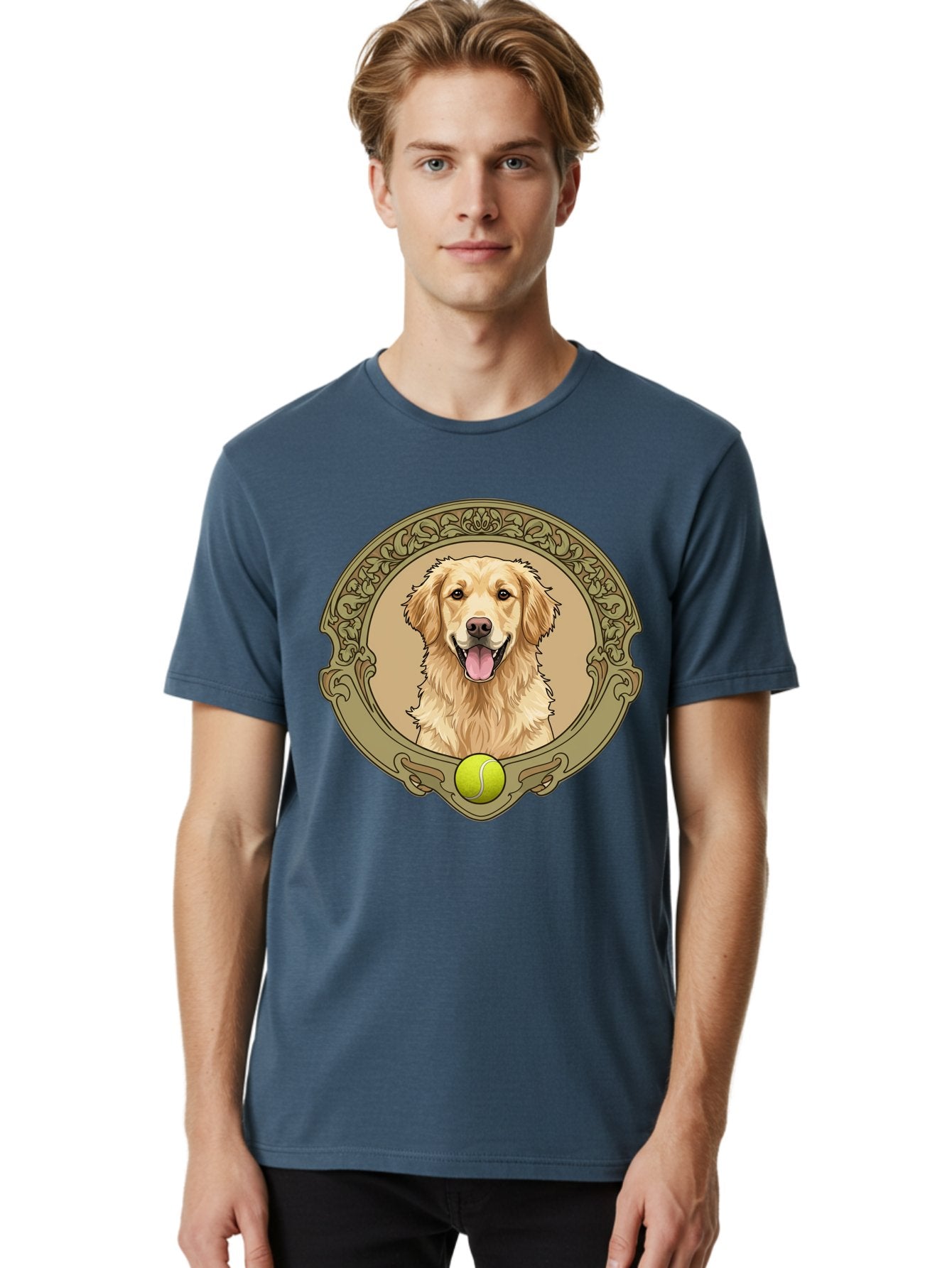 Golden-Retriever-8 Men'S Graphic Tee, 100% Cotton, Comfortable Casual Summer Wear, Machine Washable, Golden Retriever Head, Happy Dog, Tennis Ball, Ornate Frame, Vintage Style, Playful Pet, Dog Illustration, Retriever Breed, Tennis Ball Theme, Bab982 25