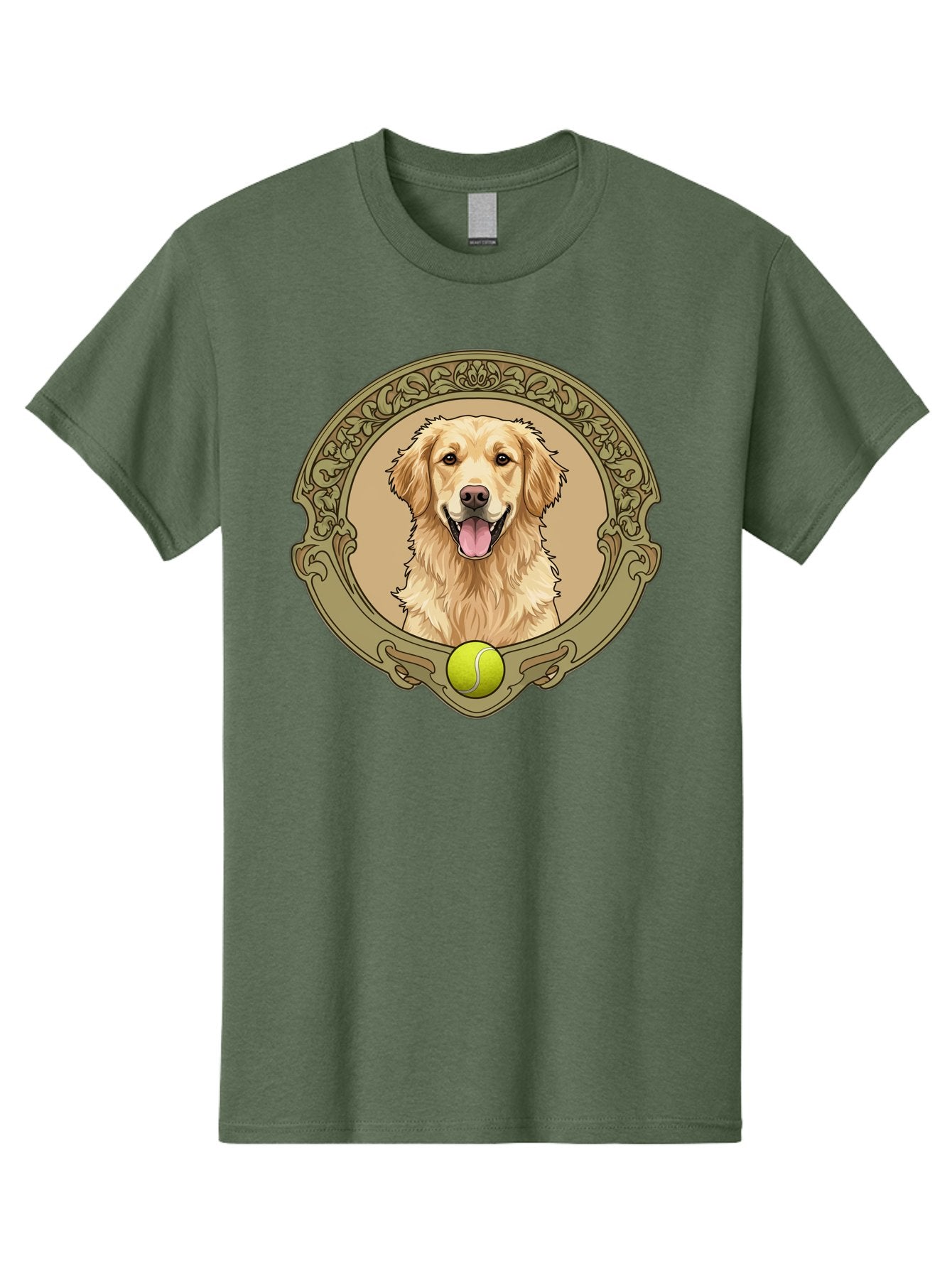 Golden-Retriever-8 Men'S Graphic Tee, 100% Cotton, Comfortable Casual Summer Wear, Machine Washable, Golden Retriever Head, Happy Dog, Tennis Ball, Ornate Frame, Vintage Style, Playful Pet, Dog Illustration, Retriever Breed, Tennis Ball Theme, Bab982 13