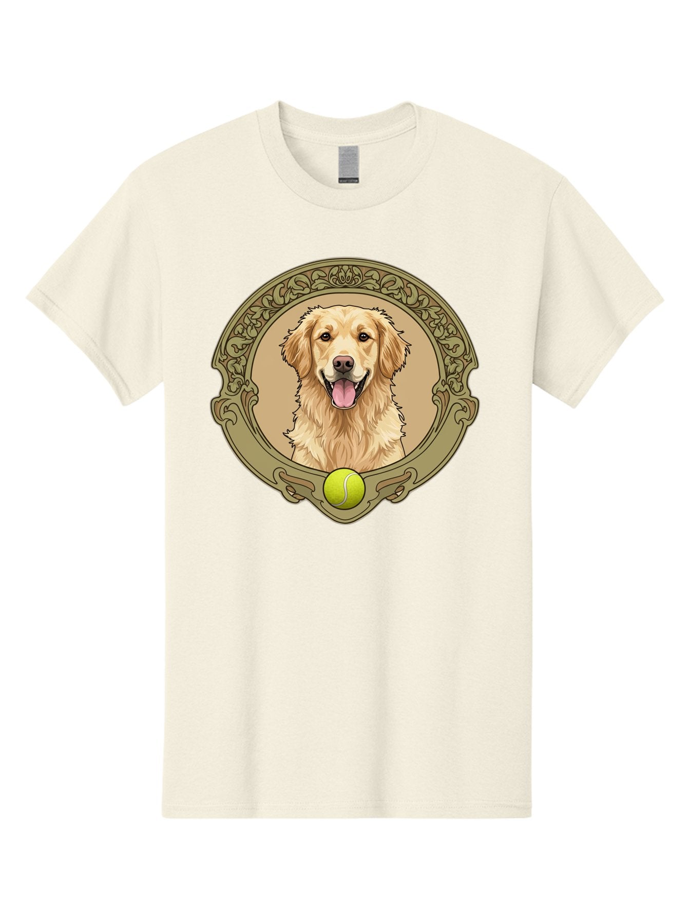 Golden-Retriever-8 Men'S Graphic Tee, 100% Cotton, Comfortable Casual Summer Wear, Machine Washable, Golden Retriever Head, Happy Dog, Tennis Ball, Ornate Frame, Vintage Style, Playful Pet, Dog Illustration, Retriever Breed, Tennis Ball Theme, Bab982 9