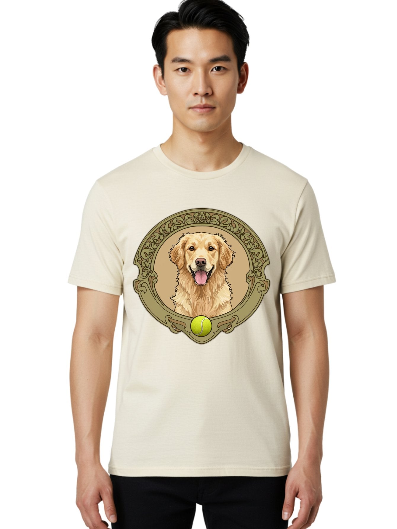 Golden-Retriever-8 Men'S Graphic Tee, 100% Cotton, Comfortable Casual Summer Wear, Machine Washable, Golden Retriever Head, Happy Dog, Tennis Ball, Ornate Frame, Vintage Style, Playful Pet, Dog Illustration, Retriever Breed, Tennis Ball Theme, Bab982 26
