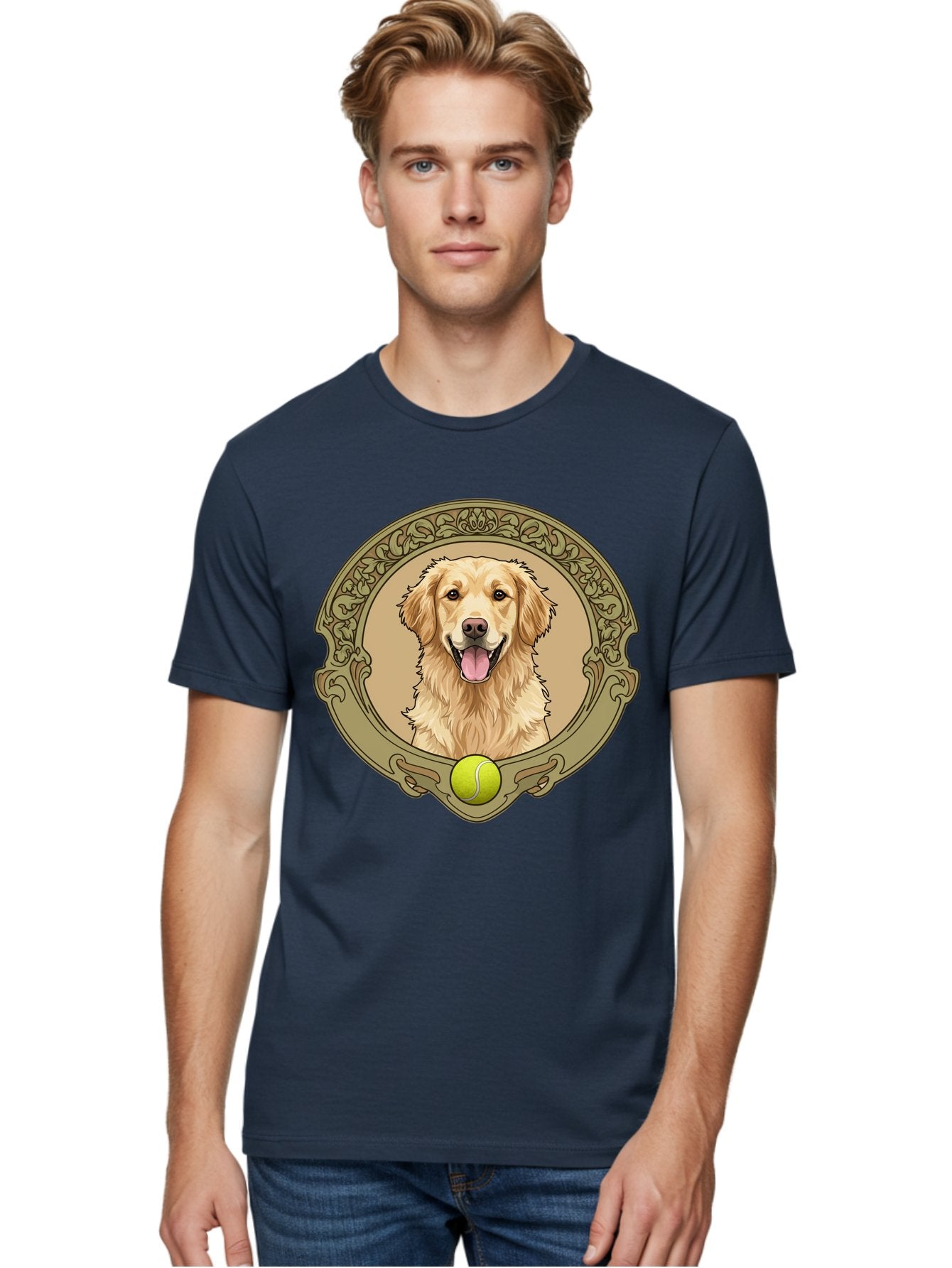 Golden-Retriever-8 Men'S Graphic Tee, 100% Cotton, Comfortable Casual Summer Wear, Machine Washable, Golden Retriever Head, Happy Dog, Tennis Ball, Ornate Frame, Vintage Style, Playful Pet, Dog Illustration, Retriever Breed, Tennis Ball Theme, Bab982 29