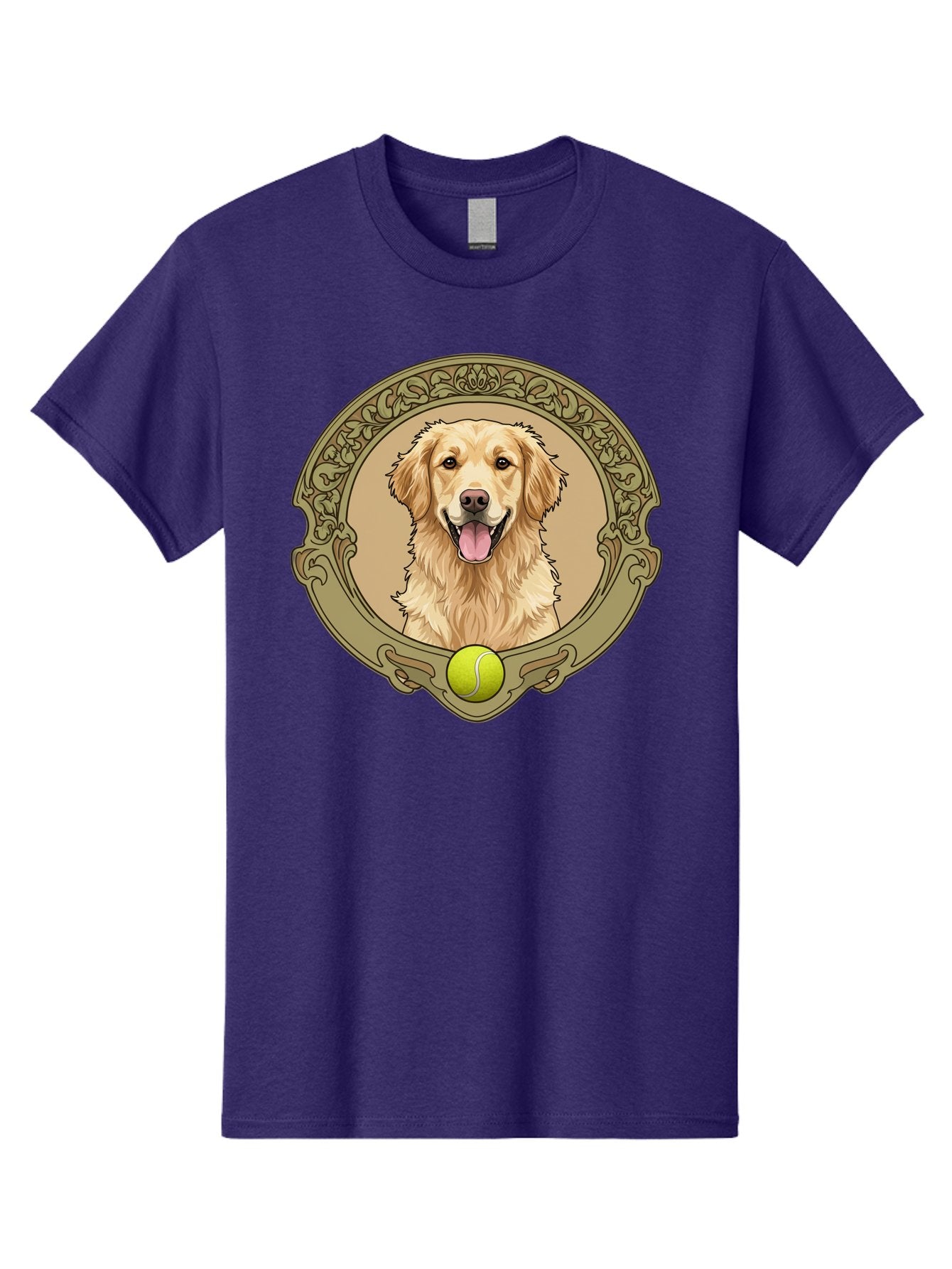 Golden-Retriever-8 Men'S Graphic Tee, 100% Cotton, Comfortable Casual Summer Wear, Machine Washable, Golden Retriever Head, Happy Dog, Tennis Ball, Ornate Frame, Vintage Style, Playful Pet, Dog Illustration, Retriever Breed, Tennis Ball Theme, Bab982 3