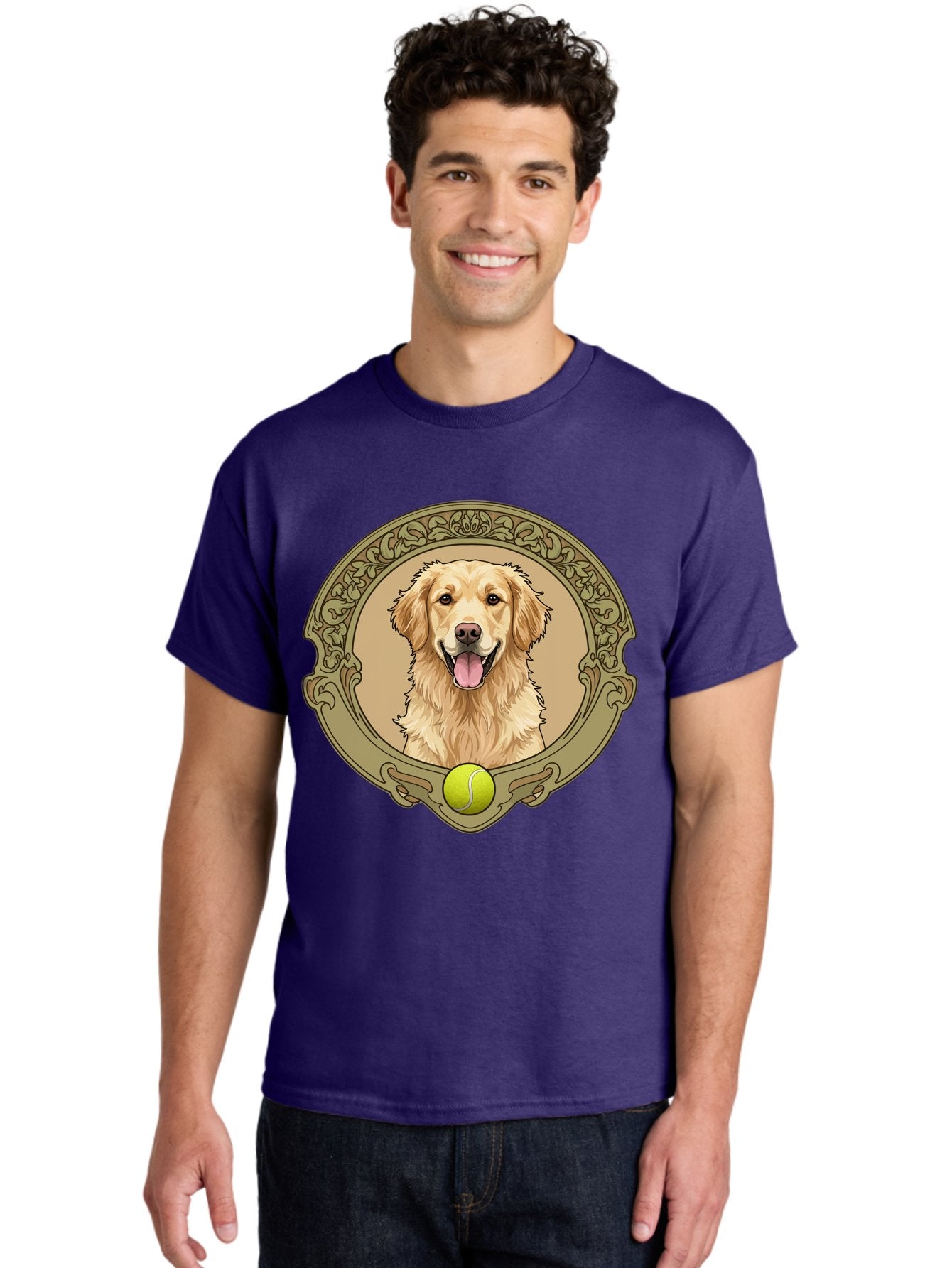 Golden-Retriever-8 Men'S Graphic Tee, 100% Cotton, Comfortable Casual Summer Wear, Machine Washable, Golden Retriever Head, Happy Dog, Tennis Ball, Ornate Frame, Vintage Style, Playful Pet, Dog Illustration, Retriever Breed, Tennis Ball Theme, Bab982 22