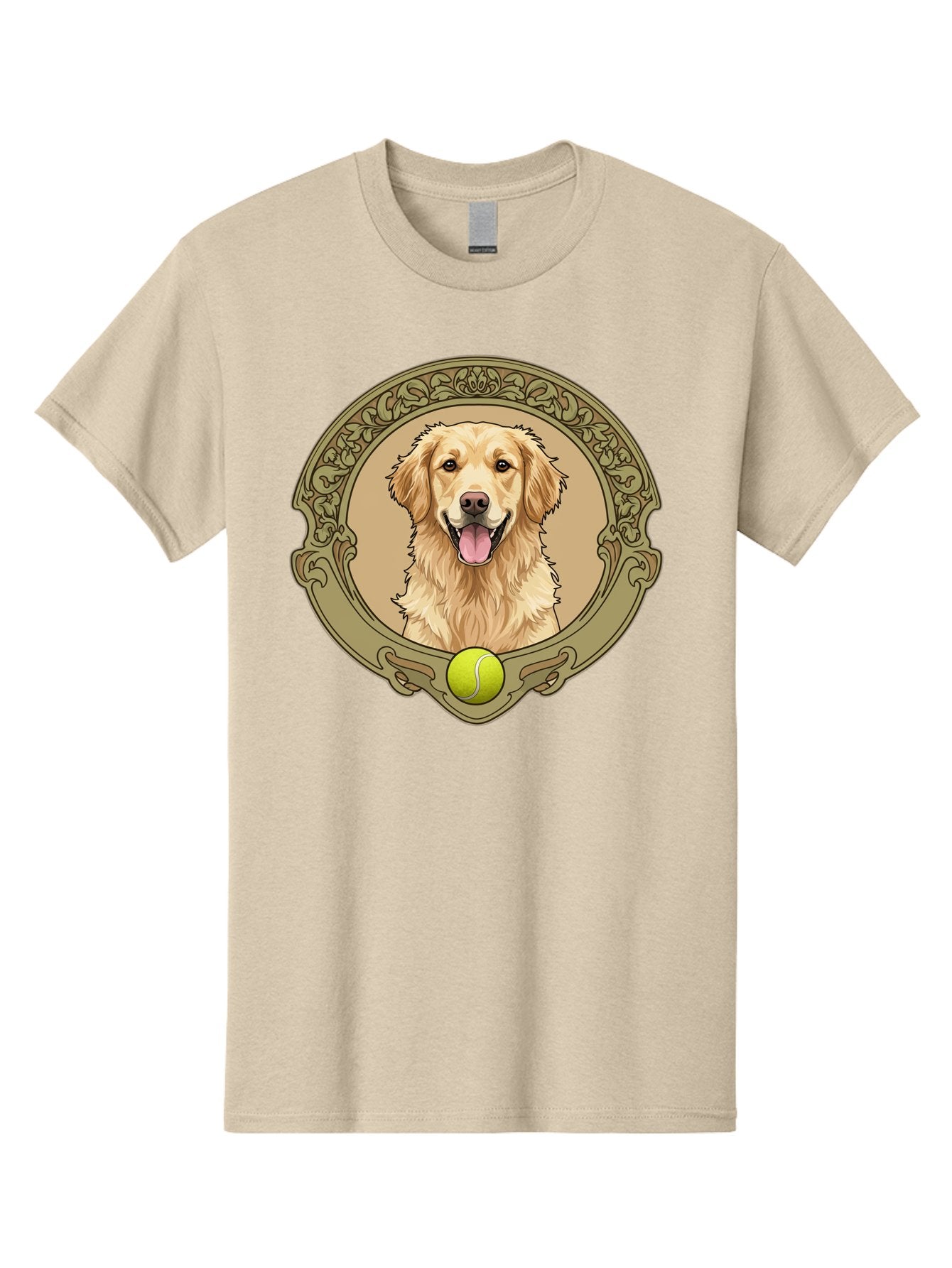 Golden-Retriever-8 Men'S Graphic Tee, 100% Cotton, Comfortable Casual Summer Wear, Machine Washable, Golden Retriever Head, Happy Dog, Tennis Ball, Ornate Frame, Vintage Style, Playful Pet, Dog Illustration, Retriever Breed, Tennis Ball Theme, Bab982
