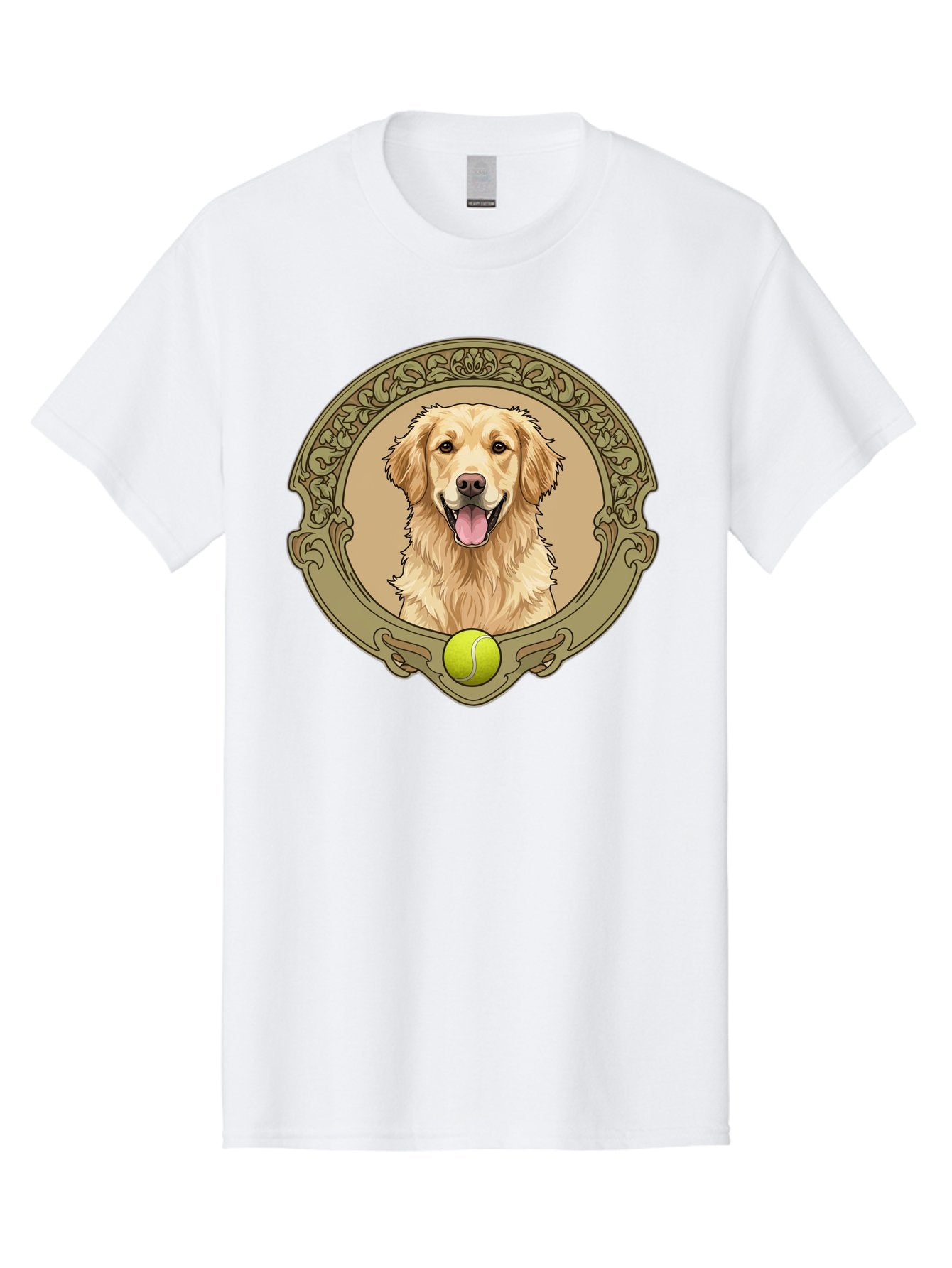 Golden-Retriever-8 Men'S Graphic Tee, 100% Cotton, Comfortable Casual Summer Wear, Machine Washable, Golden Retriever Head, Happy Dog, Tennis Ball, Ornate Frame, Vintage Style, Playful Pet, Dog Illustration, Retriever Breed, Tennis Ball Theme, Bab982 7
