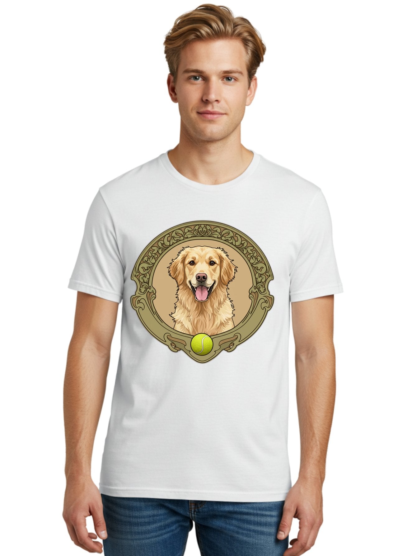 Golden-Retriever-8 Men'S Graphic Tee, 100% Cotton, Comfortable Casual Summer Wear, Machine Washable, Golden Retriever Head, Happy Dog, Tennis Ball, Ornate Frame, Vintage Style, Playful Pet, Dog Illustration, Retriever Breed, Tennis Ball Theme, Bab982 16