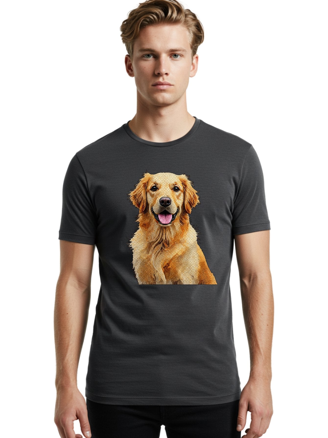 Golden-Retriever-Dog Men'S Graphic Tee, 100% Cotton, Comfortable Casual Summer Wear, Machine Washable, Golden Retriever, Happy Dog, Furry Friend, Dog Portrait, Happy Expression, Tongue Out, Dog Photography, Canine Companion, Friendly Animal Bab984 23