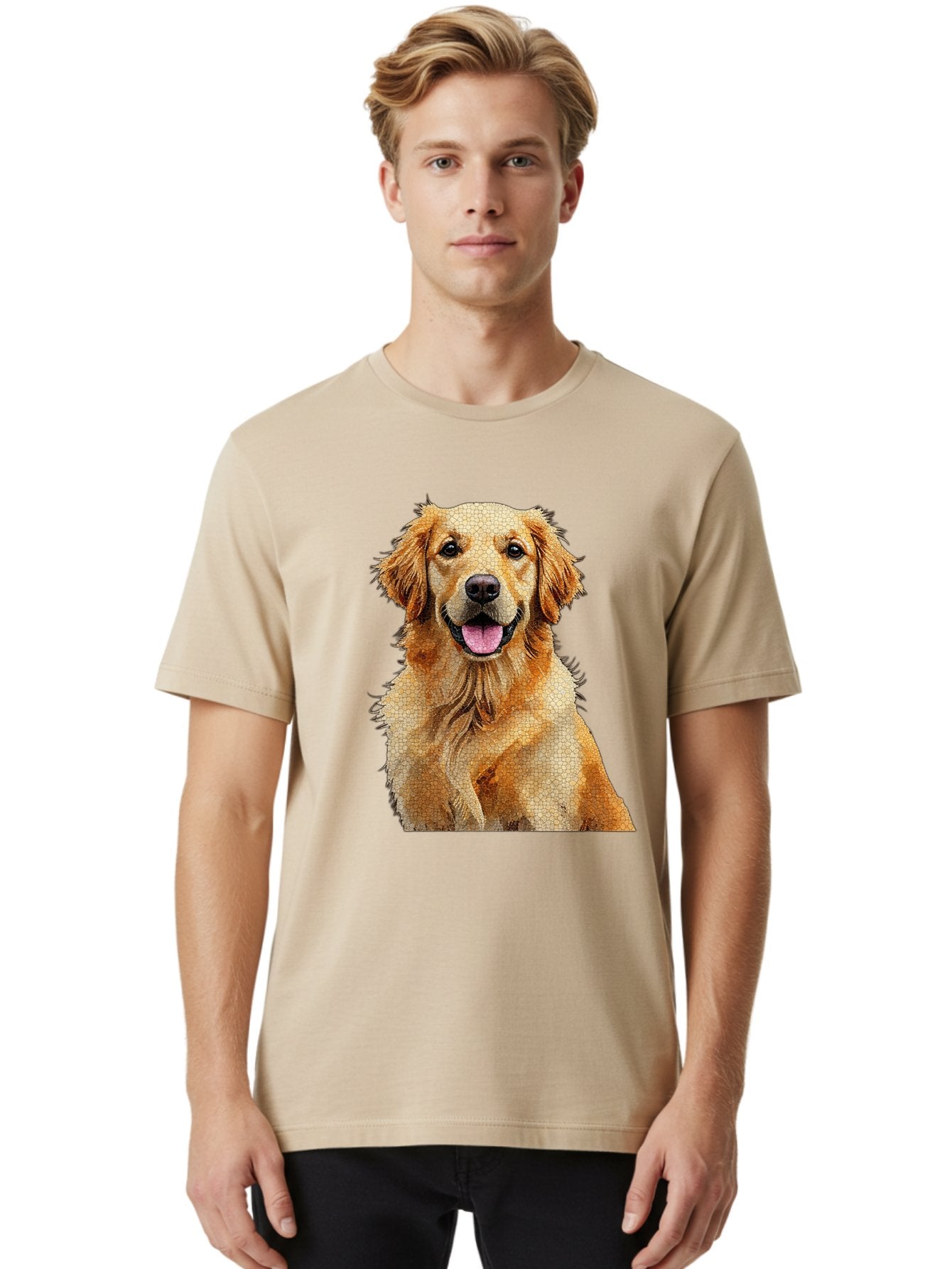 Golden-Retriever-Dog Men'S Graphic Tee, 100% Cotton, Comfortable Casual Summer Wear, Machine Washable, Golden Retriever, Happy Dog, Furry Friend, Dog Portrait, Happy Expression, Tongue Out, Dog Photography, Canine Companion, Friendly Animal Bab984 24