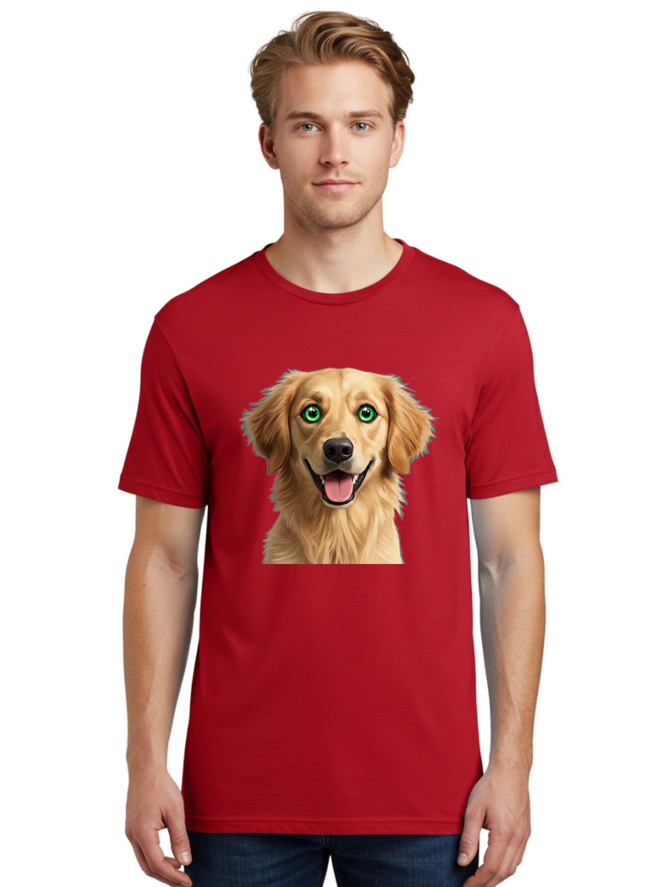 Golden-Retriever-Head-1 Men'S Graphic Tee, 100% Cotton, Comfortable Casual Summer Wear, Machine Washable, Happy Dog, Golden Retriever, Cartoon Dog, Dog Portrait, Friendly Canine, Smiling Dog, Green Eyes, Dog Art, Animal Illustration, Bab985 20