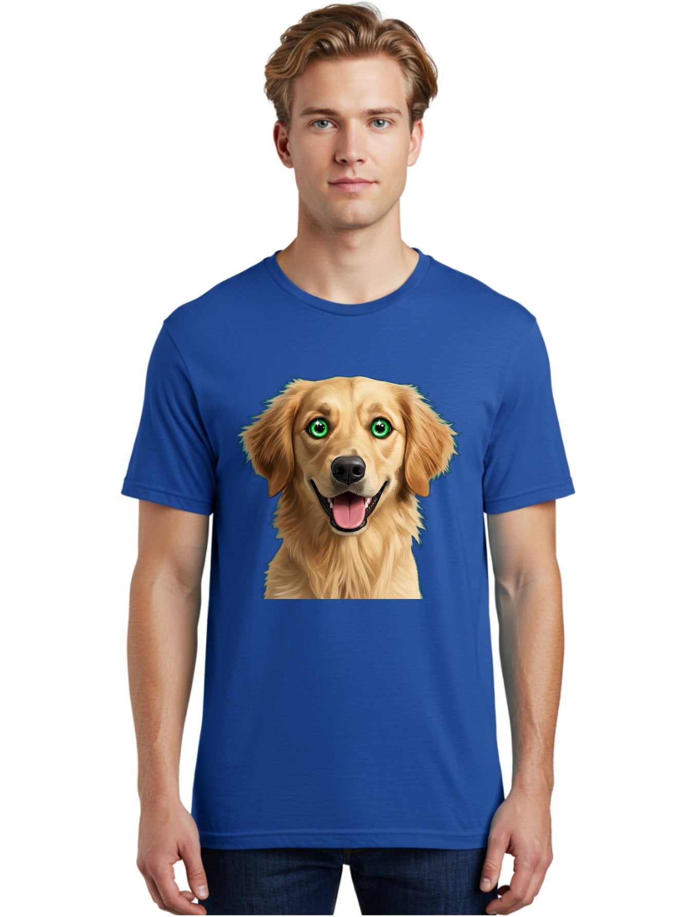 Golden-Retriever-Head-1 Men'S Graphic Tee, 100% Cotton, Comfortable Casual Summer Wear, Machine Washable, Happy Dog, Golden Retriever, Cartoon Dog, Dog Portrait, Friendly Canine, Smiling Dog, Green Eyes, Dog Art, Animal Illustration, Bab985 18