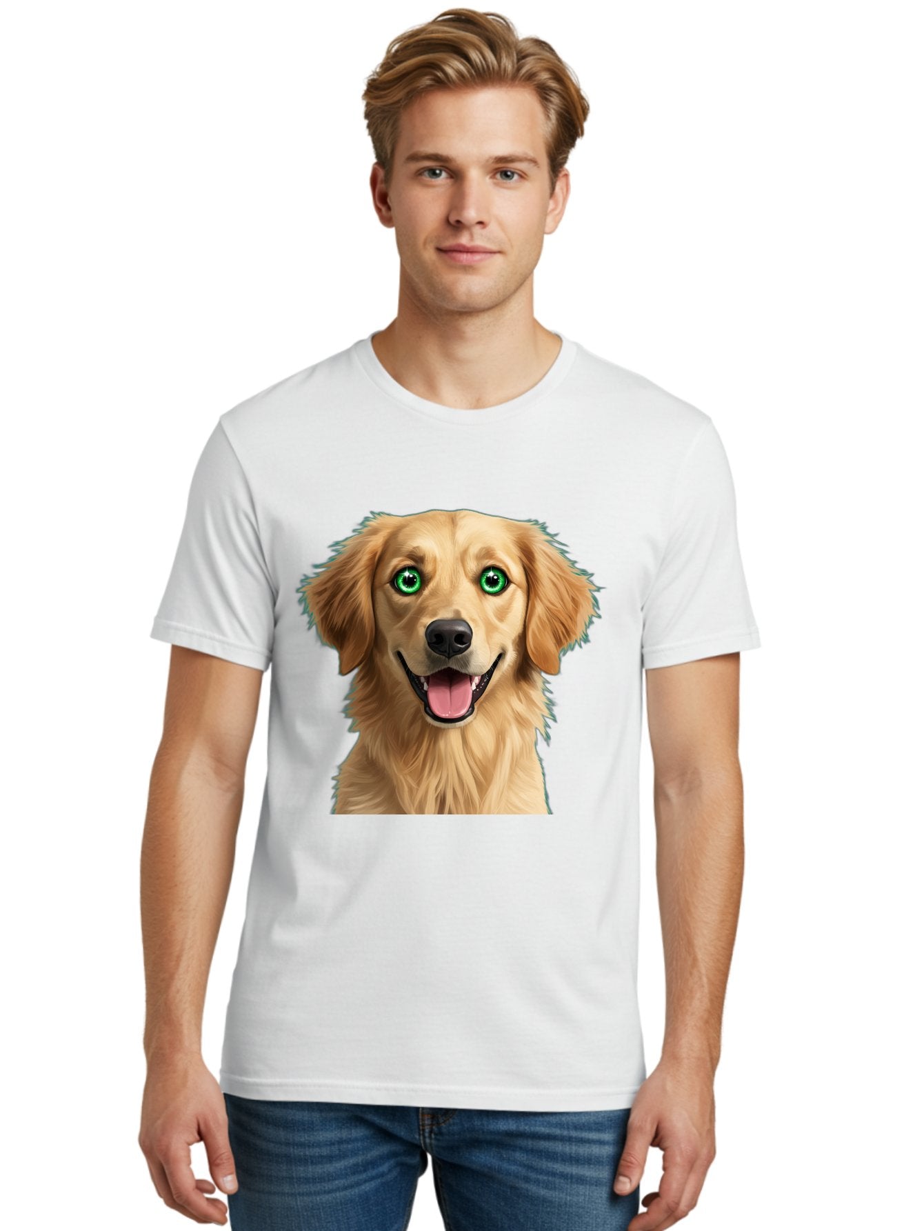 Golden-Retriever-Head-1 Men'S Graphic Tee, 100% Cotton, Comfortable Casual Summer Wear, Machine Washable, Happy Dog, Golden Retriever, Cartoon Dog, Dog Portrait, Friendly Canine, Smiling Dog, Green Eyes, Dog Art, Animal Illustration, Bab985 22