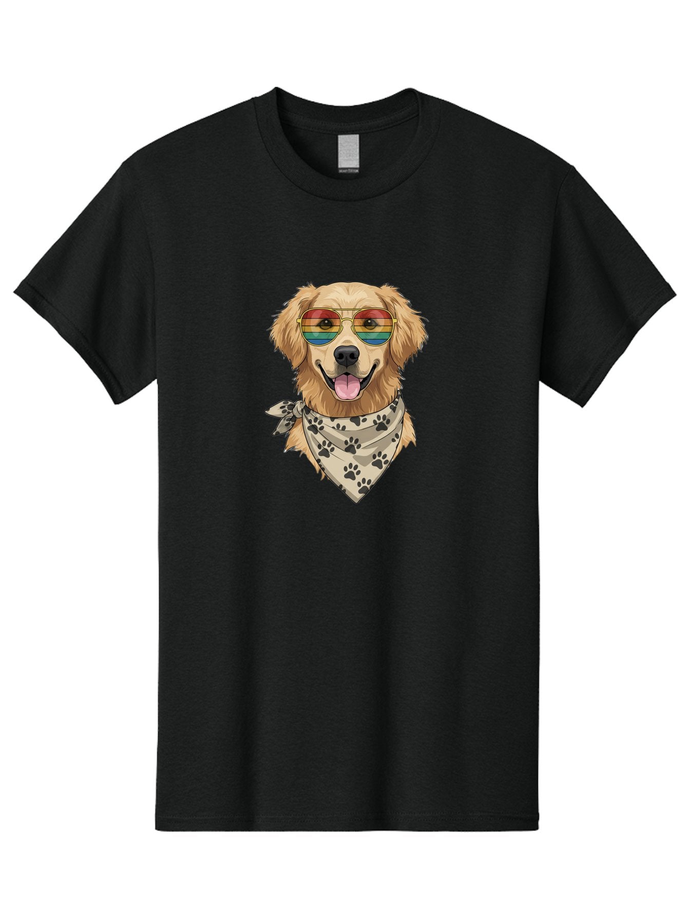 Golden-Retriever-Pride Men'S Graphic Tee, 100% Cotton, Comfortable Casual Summer Wear, Machine Washable, Golden Retriever Wearing Rainbow Sunglasses, Bandana With Paw Prints, Happy Dog, Pride Symbol, Fun Pet, Colorful Illustration, Bab987 5