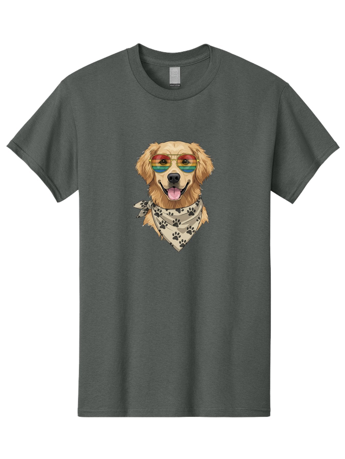 Golden-Retriever-Pride Men'S Graphic Tee, 100% Cotton, Comfortable Casual Summer Wear, Machine Washable, Golden Retriever Wearing Rainbow Sunglasses, Bandana With Paw Prints, Happy Dog, Pride Symbol, Fun Pet, Colorful Illustration, Bab987 11