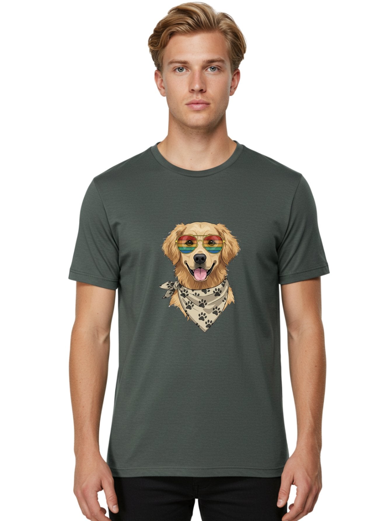 Golden-Retriever-Pride Men'S Graphic Tee, 100% Cotton, Comfortable Casual Summer Wear, Machine Washable, Golden Retriever Wearing Rainbow Sunglasses, Bandana With Paw Prints, Happy Dog, Pride Symbol, Fun Pet, Colorful Illustration, Bab987 27