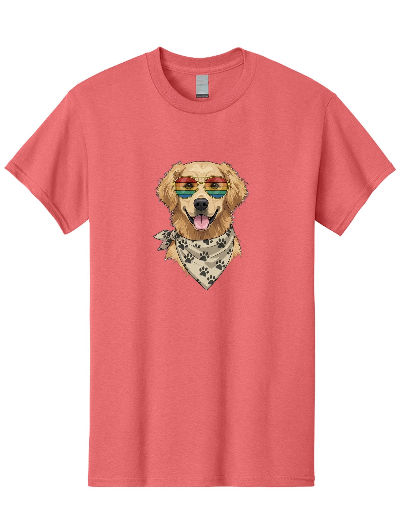 Golden-Retriever-Pride Men'S Graphic Tee, 100% Cotton, Comfortable Casual Summer Wear, Machine Washable, Golden Retriever Wearing Rainbow Sunglasses, Bandana With Paw Prints, Happy Dog, Pride Symbol, Fun Pet, Colorful Illustration, Bab987 12