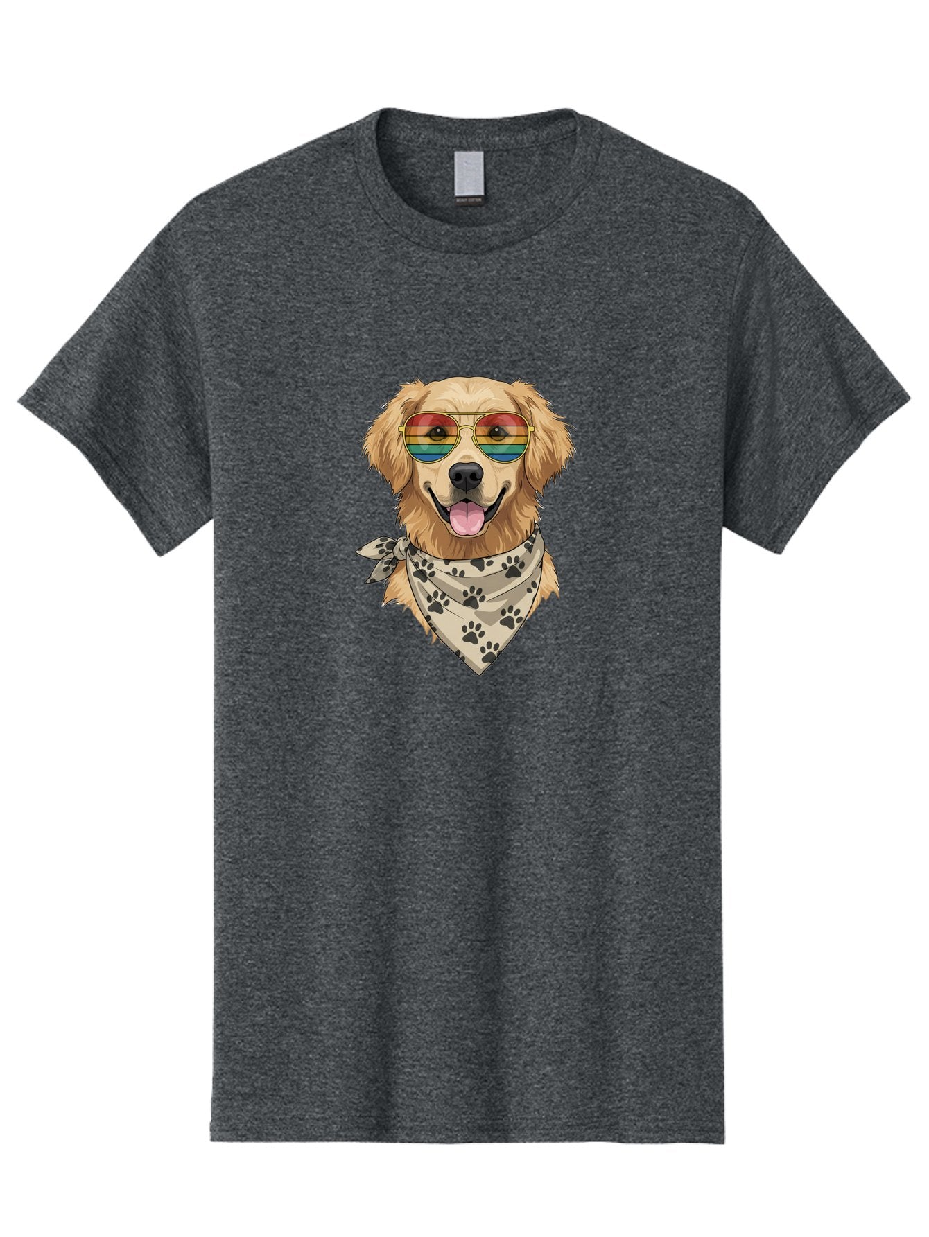 Golden-Retriever-Pride Men'S Graphic Tee, 100% Cotton, Comfortable Casual Summer Wear, Machine Washable, Golden Retriever Wearing Rainbow Sunglasses, Bandana With Paw Prints, Happy Dog, Pride Symbol, Fun Pet, Colorful Illustration, Bab987 6