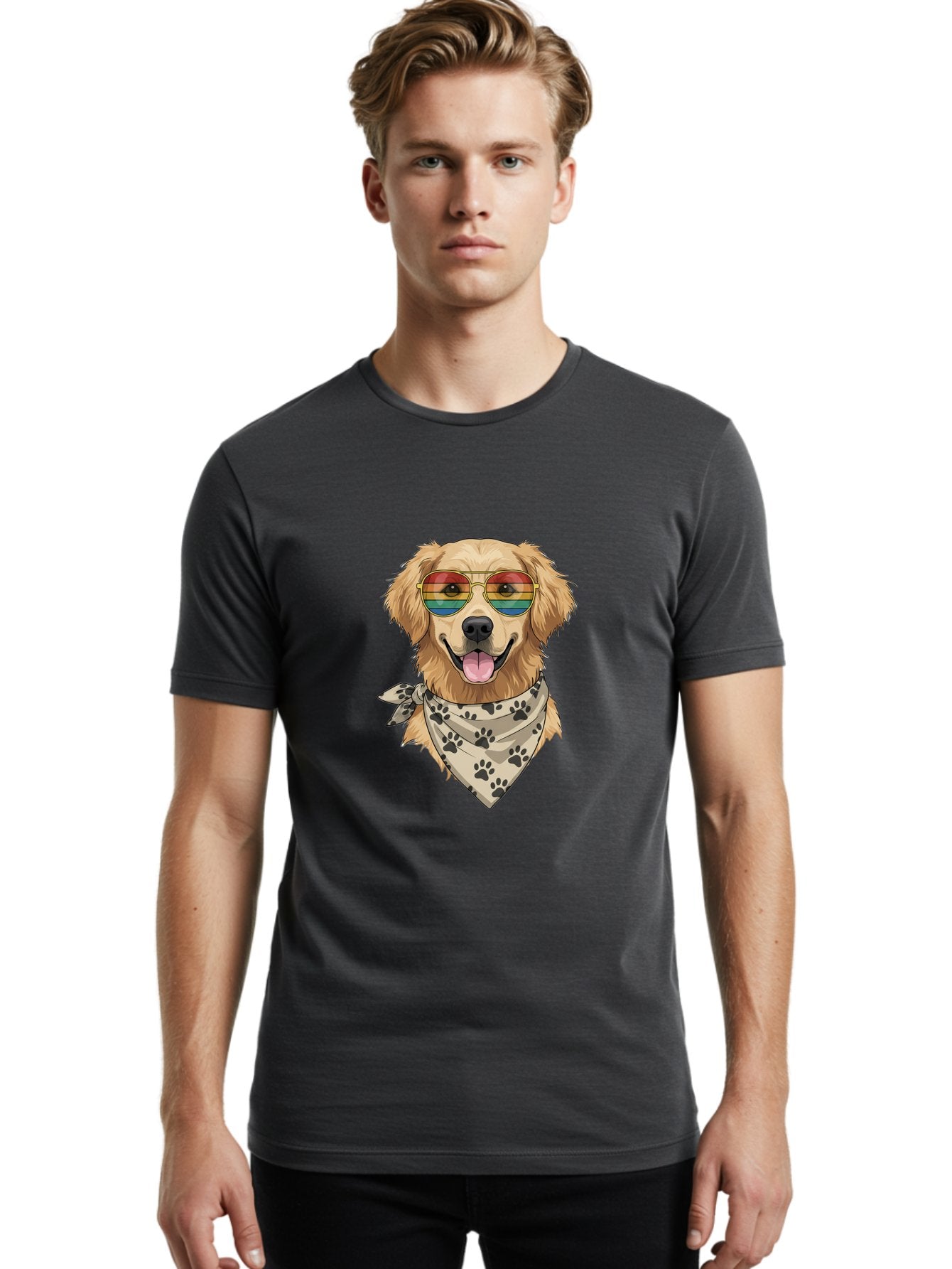 Golden-Retriever-Pride Men'S Graphic Tee, 100% Cotton, Comfortable Casual Summer Wear, Machine Washable, Golden Retriever Wearing Rainbow Sunglasses, Bandana With Paw Prints, Happy Dog, Pride Symbol, Fun Pet, Colorful Illustration, Bab987 24