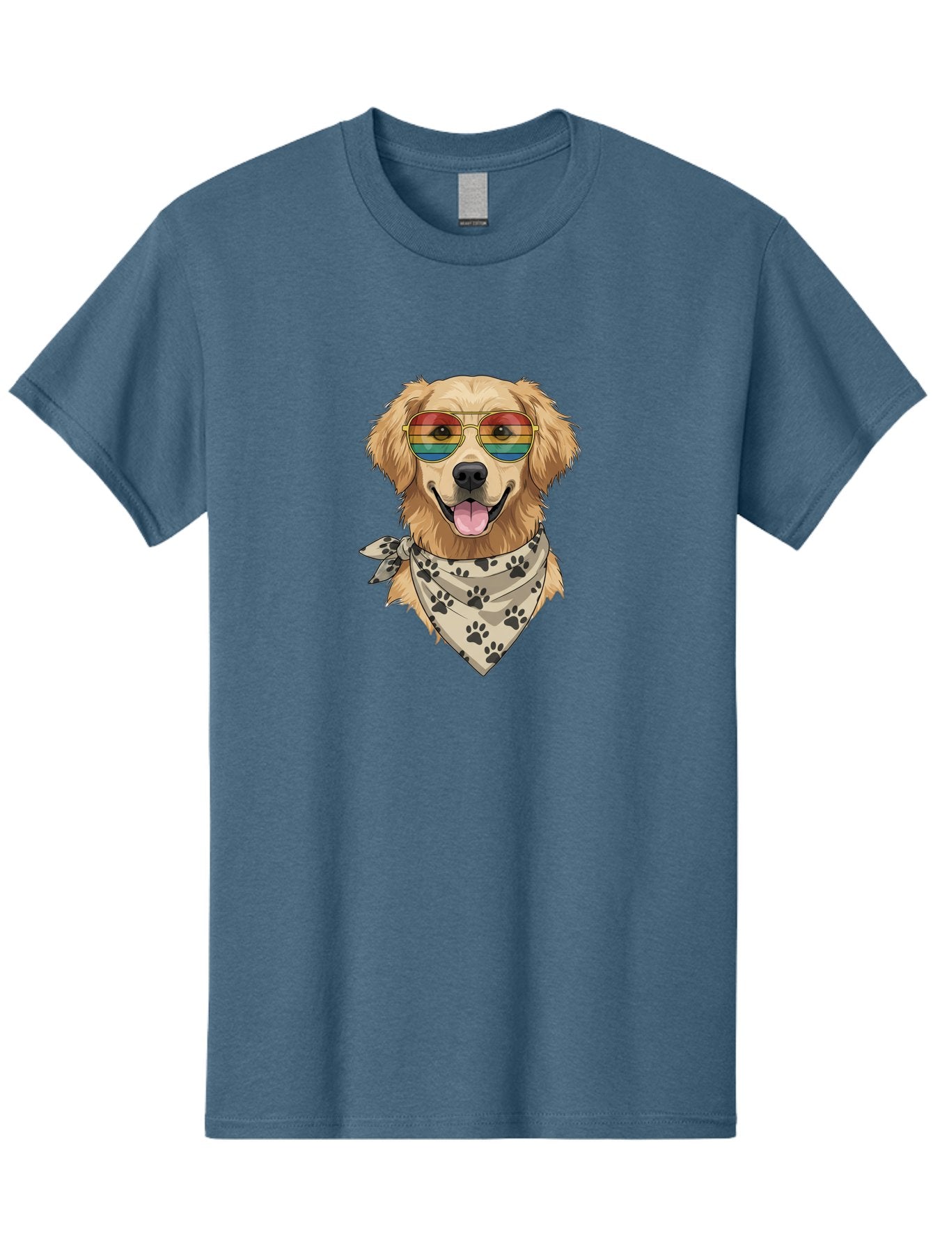 Golden-Retriever-Pride Men'S Graphic Tee, 100% Cotton, Comfortable Casual Summer Wear, Machine Washable, Golden Retriever Wearing Rainbow Sunglasses, Bandana With Paw Prints, Happy Dog, Pride Symbol, Fun Pet, Colorful Illustration, Bab987 15